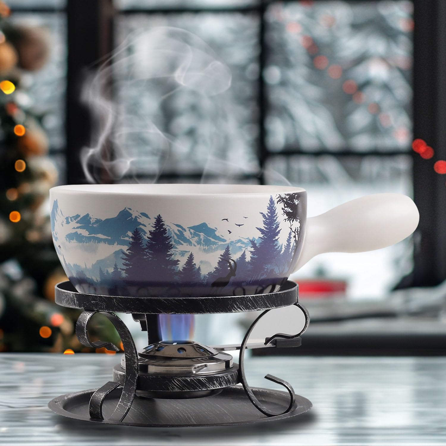 Artestia Serene Summits 2L Large Capacity Fondue Set - Ceramic Cheese & Chocolate Melting Pot with 6 Forks | Perfect for Parties, Christmas, Weddings & Holiday Gifts | Great for Entertaining, Family Gatherings & Romantic Dinners