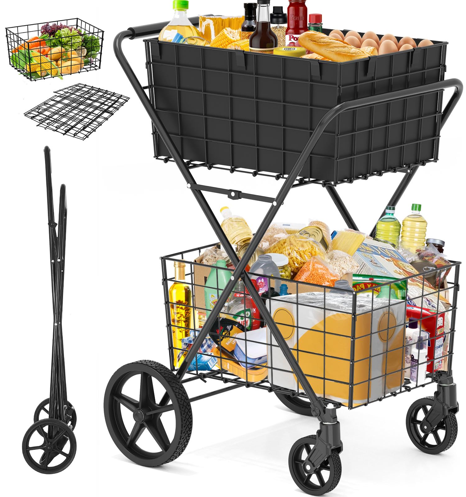 Extra Large 2-Tier Grocery Shopping Cart - Heavy Duty 400Lbs Capacity with 360° Swivel Wheels, 2 Removable Baskets & Waterproof Liner - Perfect for Supermarket Trips, Warehouse Transport & Farmers Market Hauling