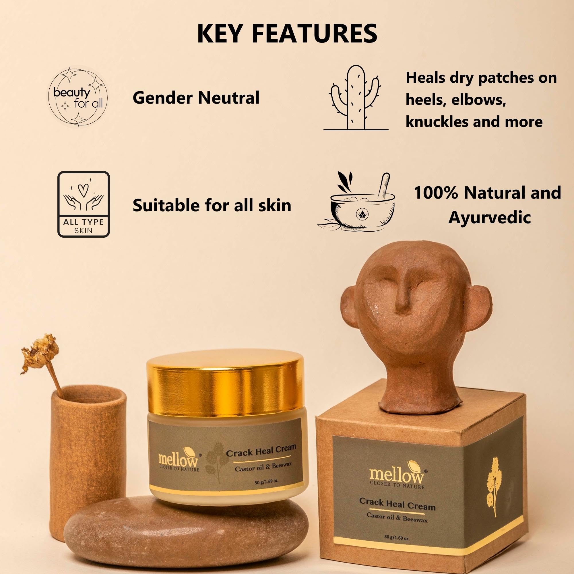 Mellow Herbal Crack Heel Repair Cream - Ayurvedic Foot Treatment for Dry, Cracked Feet with Beeswax, Sesame & Castor Oil - Deep Moisturizing & Fast Healing Foot Balm - Paraben-Free, Ayush Certified (50g) - Perfect for Dry Winter Feet, Cracked Heel Recovery & Daily Foot Care