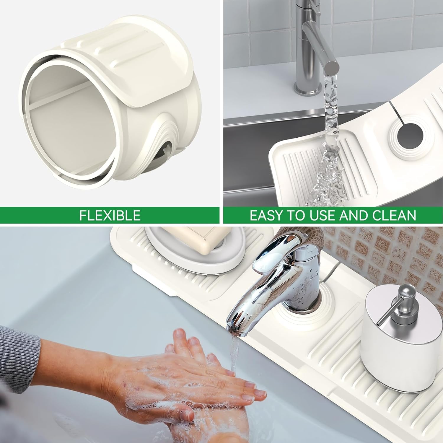 Premium Silicone Faucet Mat & Dish Soap Sponge Holder - Non-Slip Kitchen Sink Accessory, Drying Mat for Countertops, Bathroom & Kitchen Sink Splash Guard (Beige White) | Perfect for Organizing, Drying Dishes & Protecting Surfaces from Water Damage