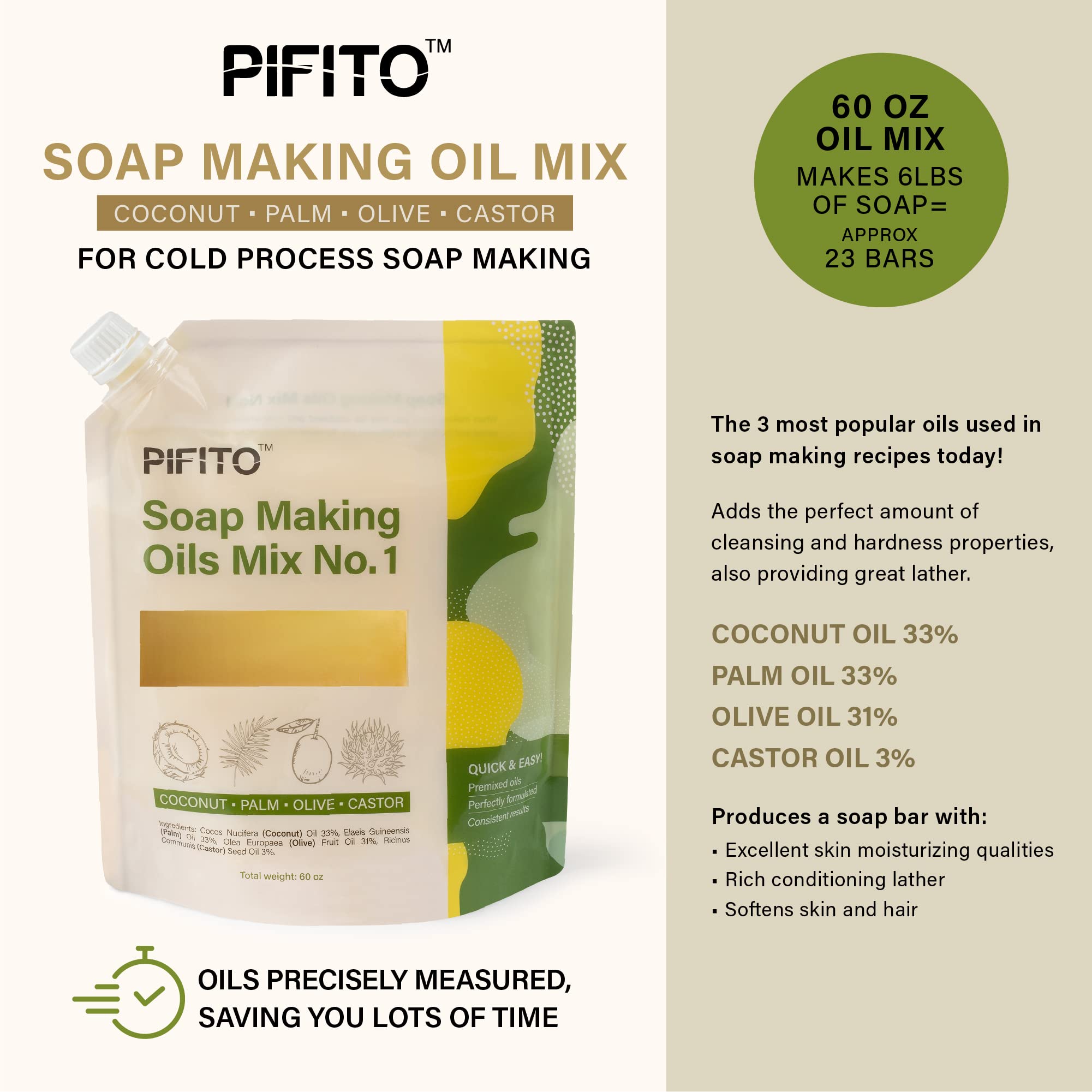 Pifito Soap Making Oil Blend No.1 - 60oz Pre-Measured Cold Process Soap Making Kit with Premium Oils | Perfect for DIY Handmade Soaps, Bath Bombs & Skincare Products at Home