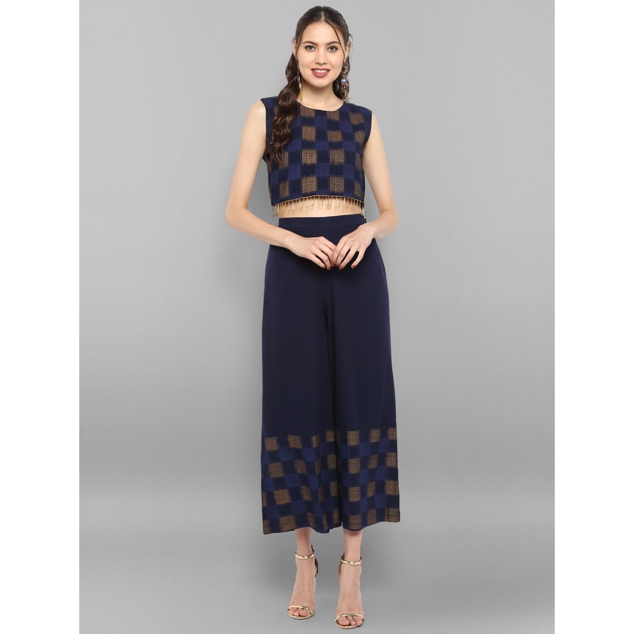 Stylish Dark Blue 3 Piece Women's Ethnic Outfit Set | Indian Fusion Kurti with Dupatta & Palazzo | Perfect for Festivals, Weddings & Cultural Events