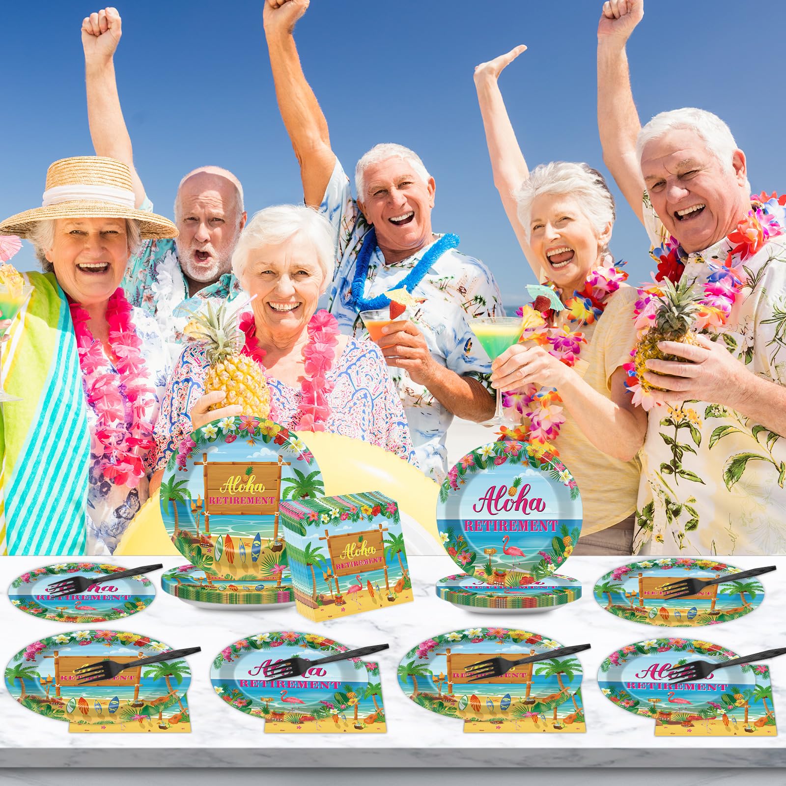 Tropical Hawaiian Luau Retirement Party Supplies - 24-Pack Disposable Paper Plates & Napkins for Beach Theme, Summer Aloha & Happy Retirement Celebrations | Perfect for Luau Parties, Beach Gatherings & Retirement Sendoffs