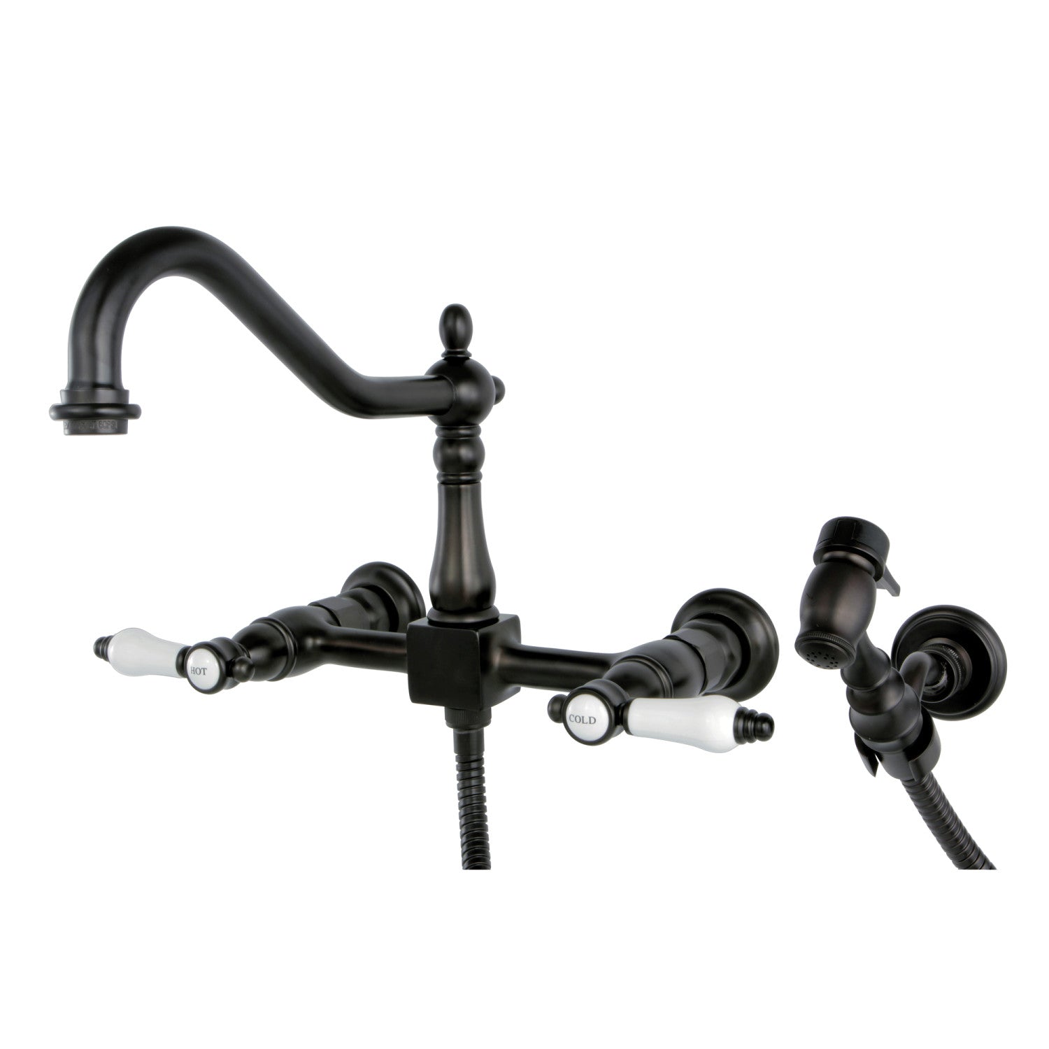 Bel Air KS1245BPLBS Oil Rubbed Bronze Double Handle 3-Hole Wall Mount Bridge Kitchen Faucet with Brass Sprayer - Perfect for Farmhouse, Commercial & Restaurant Sinks