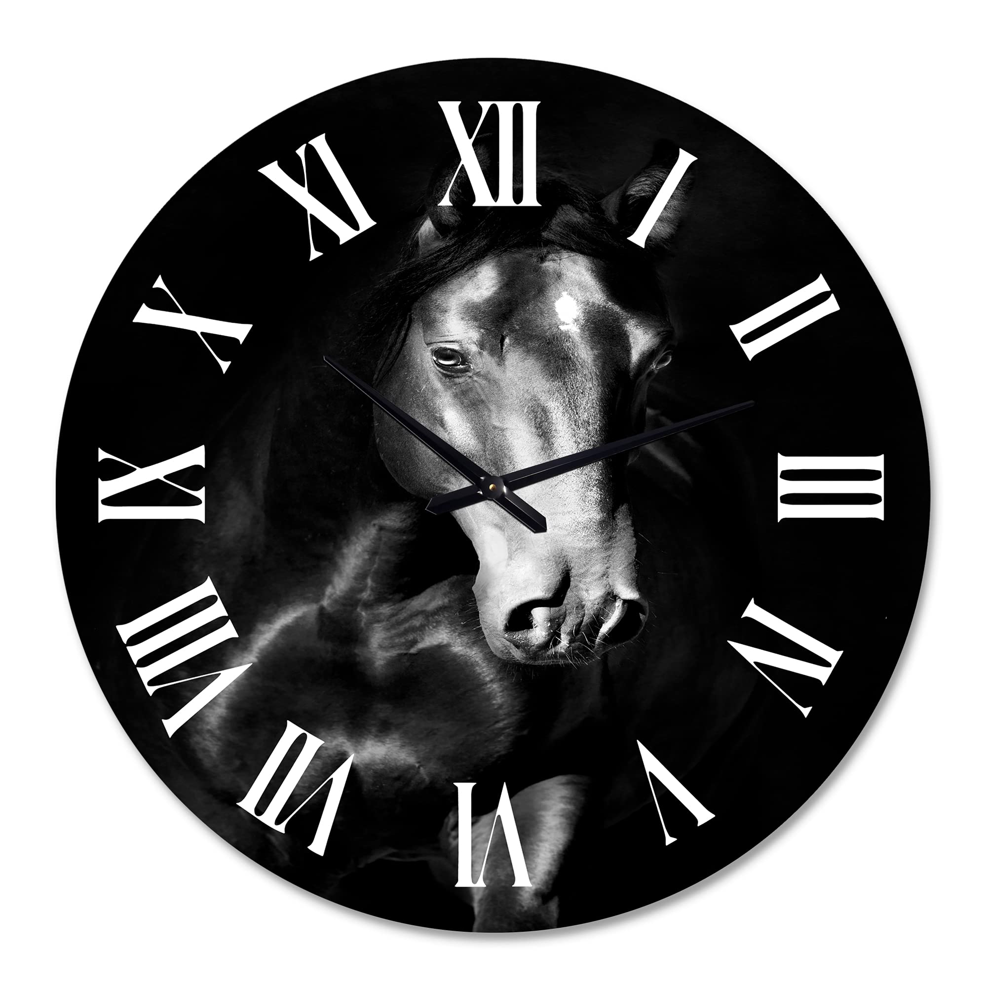 DesignQ Farmhouse Wall Clock - Large Black Kladruby Horse Portrait Wall Clock for Home, Office & Living Room Decor | Rustic Animal-Themed Wall Art for Country Style Spaces
