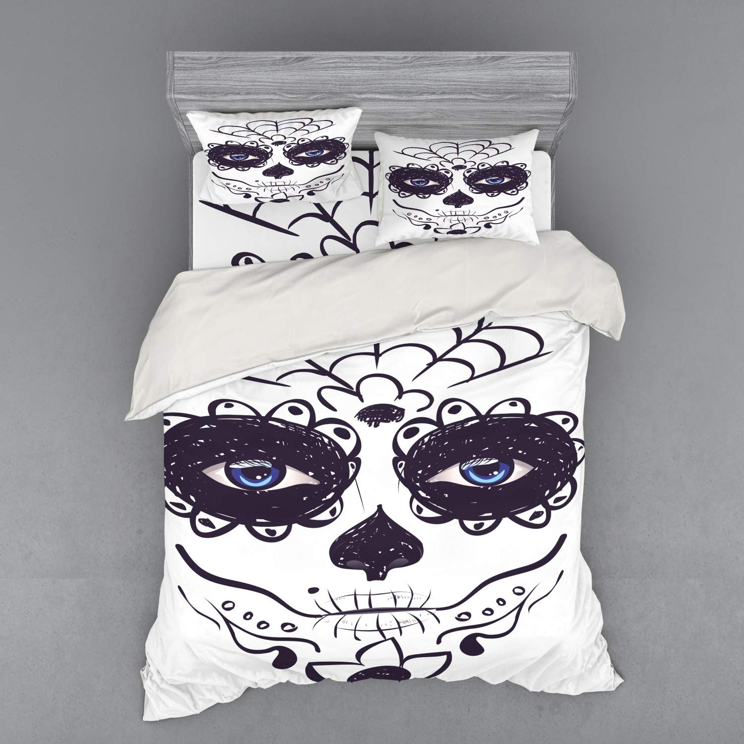 Ambesonne Day of The Dead Duvet Cover Set - Sugar Skull Girl Face Makeup Print 4-Piece Bedding Set with Shams & Fitted Sheet, Queen Size Black White Blue - Perfect for Halloween, Dia de Los Muertos Celebration & Gothic Home Decor