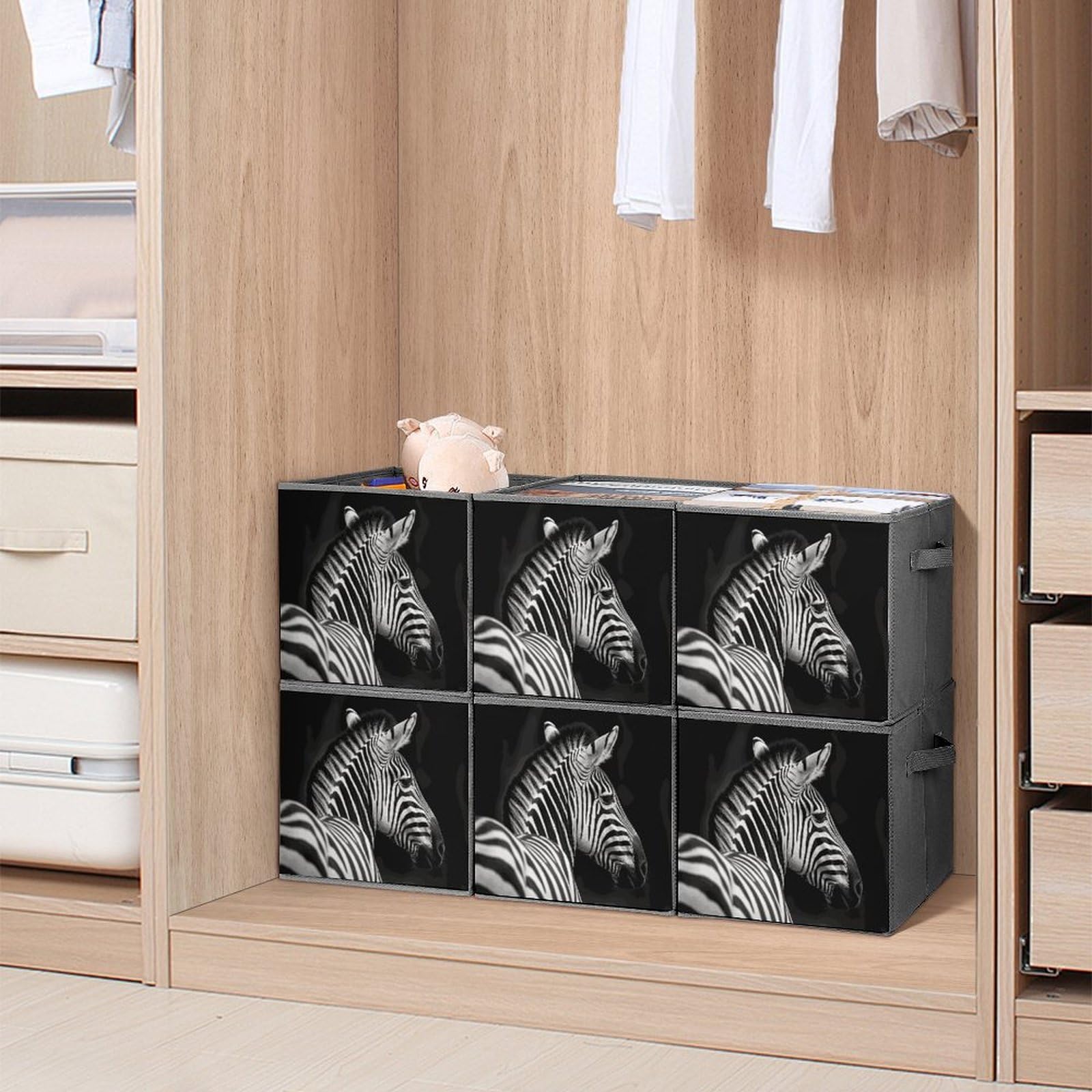 6-Piece Collapsible Storage Bins with Handles - Black & White Zebra Print Foldable Organizing Baskets for Shelves, Closet, Pantry | Space-Saving Home Organization Solution for Bedroom, Bathroom & Kids Room