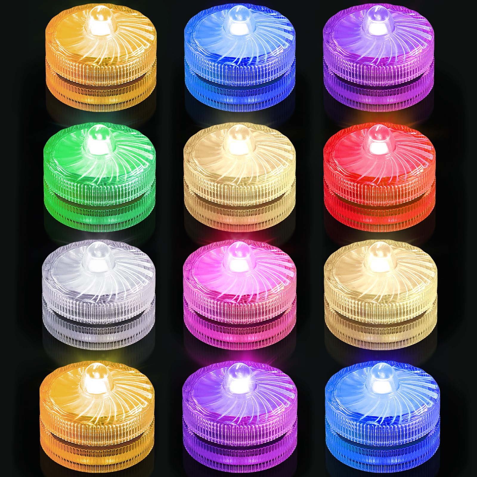 12 Pack RGB Submersible LED Lights - Waterproof Pool & Shower Lights, Mini LED Tea Lights for Crafts, Parties, Weddings, Swimming Pools & Fountains | Perfect for Home Decor, DIY Projects & Special Events
