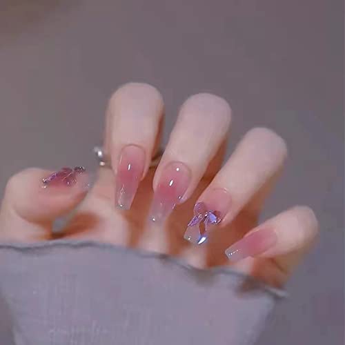 24 Pcs Coffin Press on Nails Long - Blush Crystal Bow Fake Nails with Glue | False Nail Tips for Women & Girls | Perfect for Parties, Weddings & Special Occasions