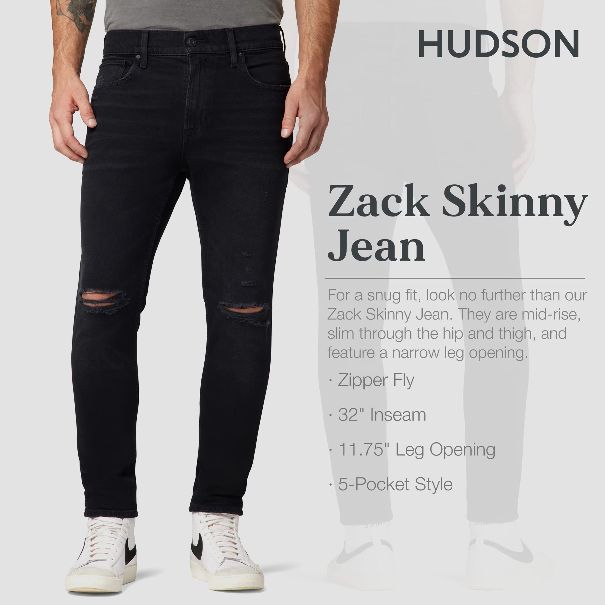HUDSON Men's Zack Super Skinny Jean Stretch Denim Pants - Slim Fit Stretchable Jeans for Men | Perfect for Casual Wear, Night Out & Everyday Comfort