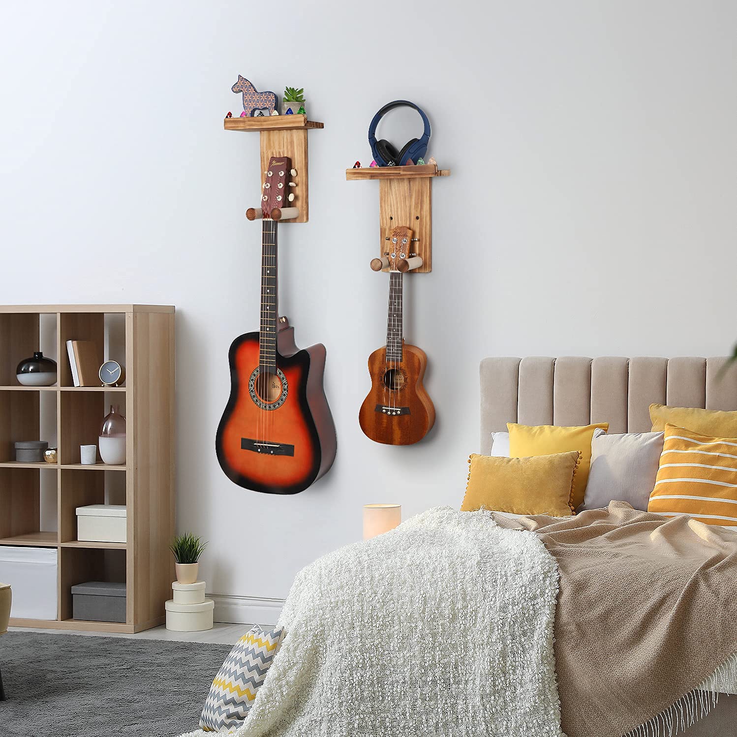Premium 2-Pack Keebofly Guitar Wall Hangers - Solid Pine Wood Wall Mount Holder with Pick Storage for Acoustic/Electric Guitar, Bass, Ukulele & Mandolin - Space-Saving Instrument Display for Home, Studio & Music Classroom (Brown, Patented Design)