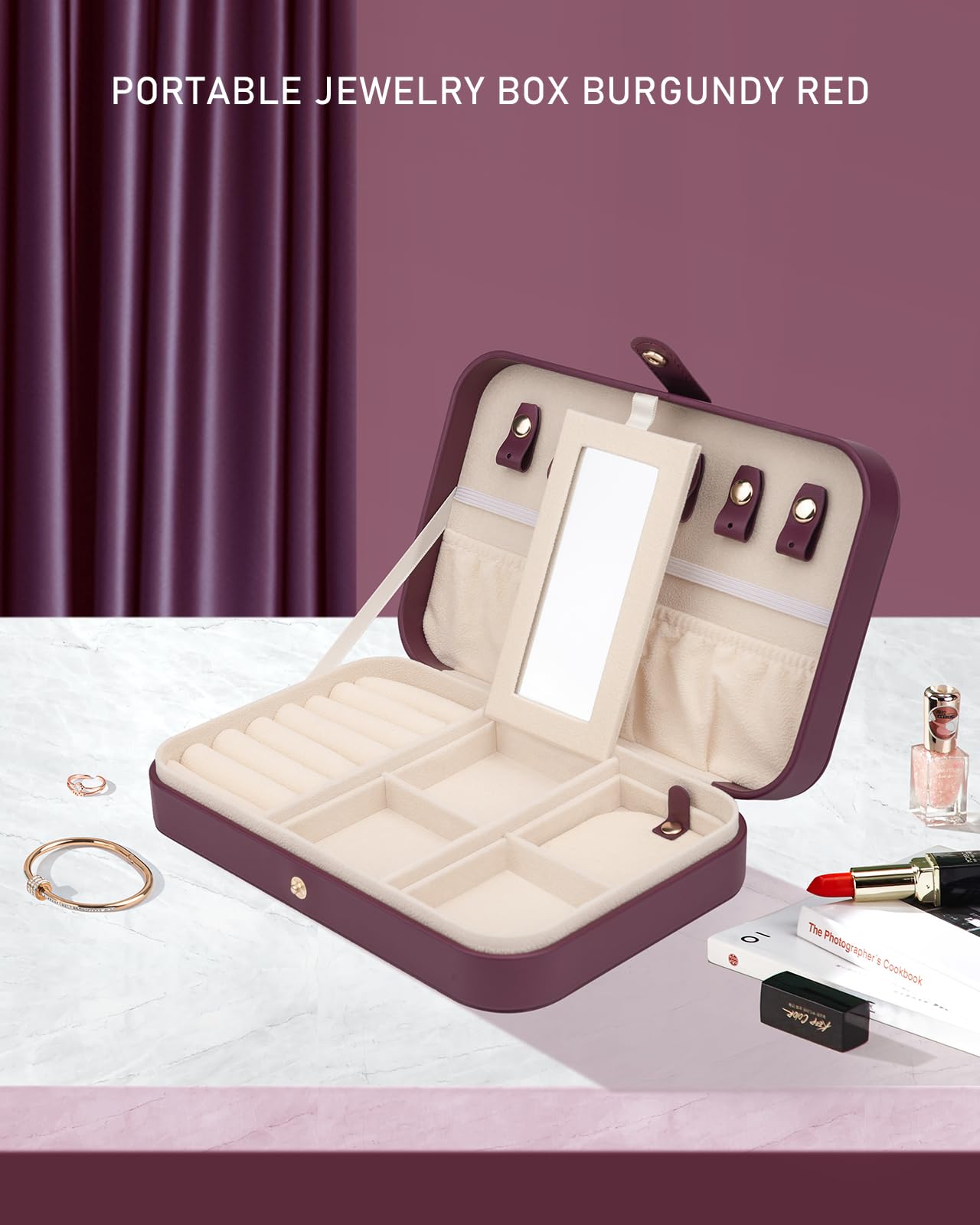 Portable Jewelry Organizer with Mirror - Travel Jewelry Box for Women, Burgundy Red - Perfect for Travel & Storage