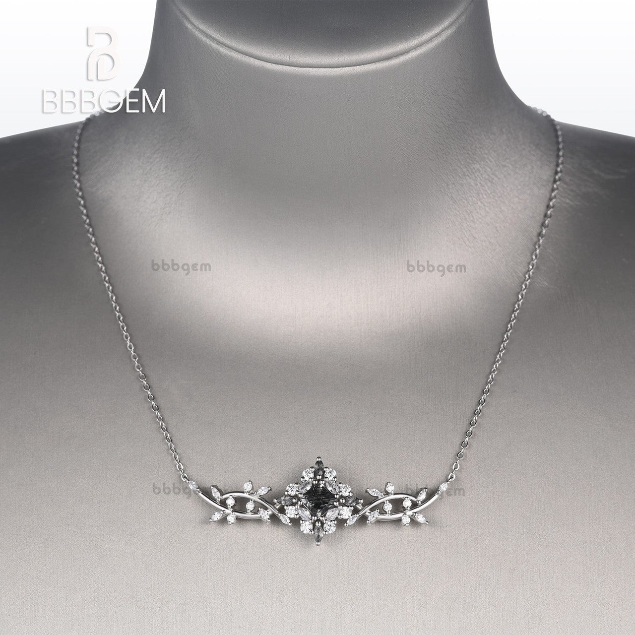 14K Gold Black Rutilated Quartz Moissanite Princess Necklace for Women - Elegant Filigree Art Jewelry Gift for Anniversary, Birthday & Special Occasions