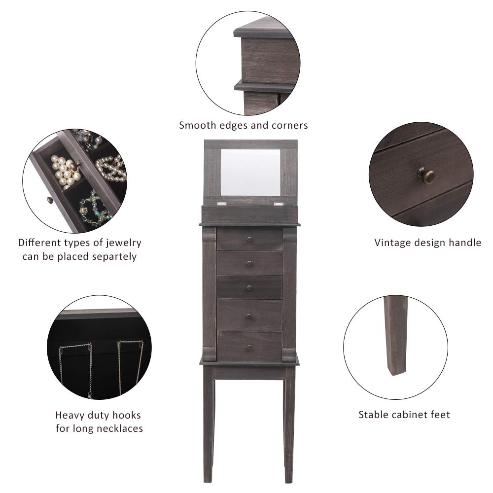GT2-LC Standing Jewelry Armoire with Full-Length Mirror - 5 Drawers & 8 Necklace Hooks - Jewelry Storage Cabinet with Top Organizer & 2 Side Doors (Grey) - Perfect for Bedroom, Closet & Dressing Room Organization