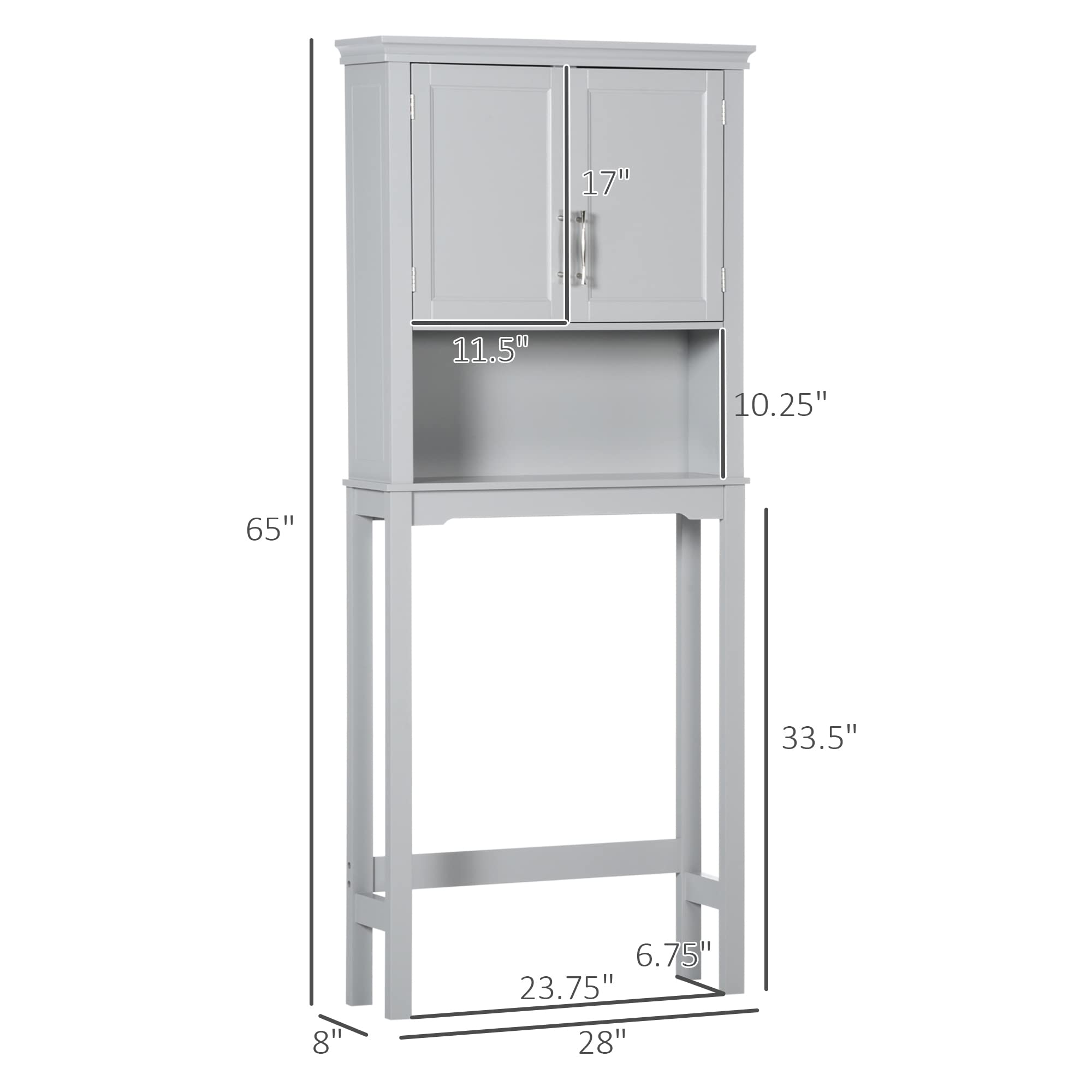 Kleankin Modern Over The Toilet Storage Cabinet - Double Door Bathroom Organizer with Adjustable Shelves, Open Shelf Space, Grey - Perfect for Small Bathroom Organization & Extra Storage