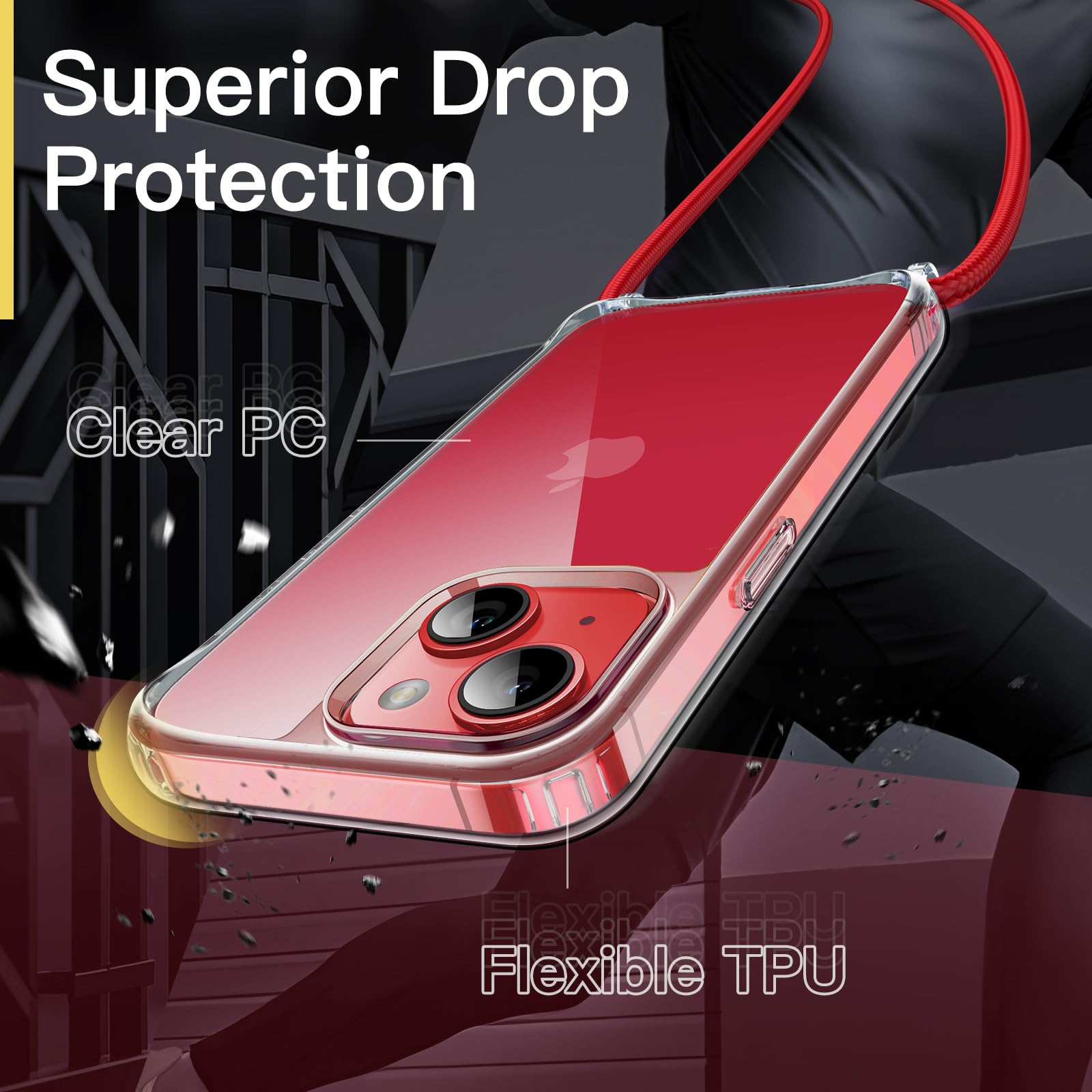 JETech Clear Shockproof iPhone 14 Plus 6.7-Inch Crossbody Phone Case with Adjustable Lanyard Strap - Anti-Yellowing Transparent Protective Cover with Neck Cord (Red) | Perfect for Running, Travel & Hands-Free Daily Use