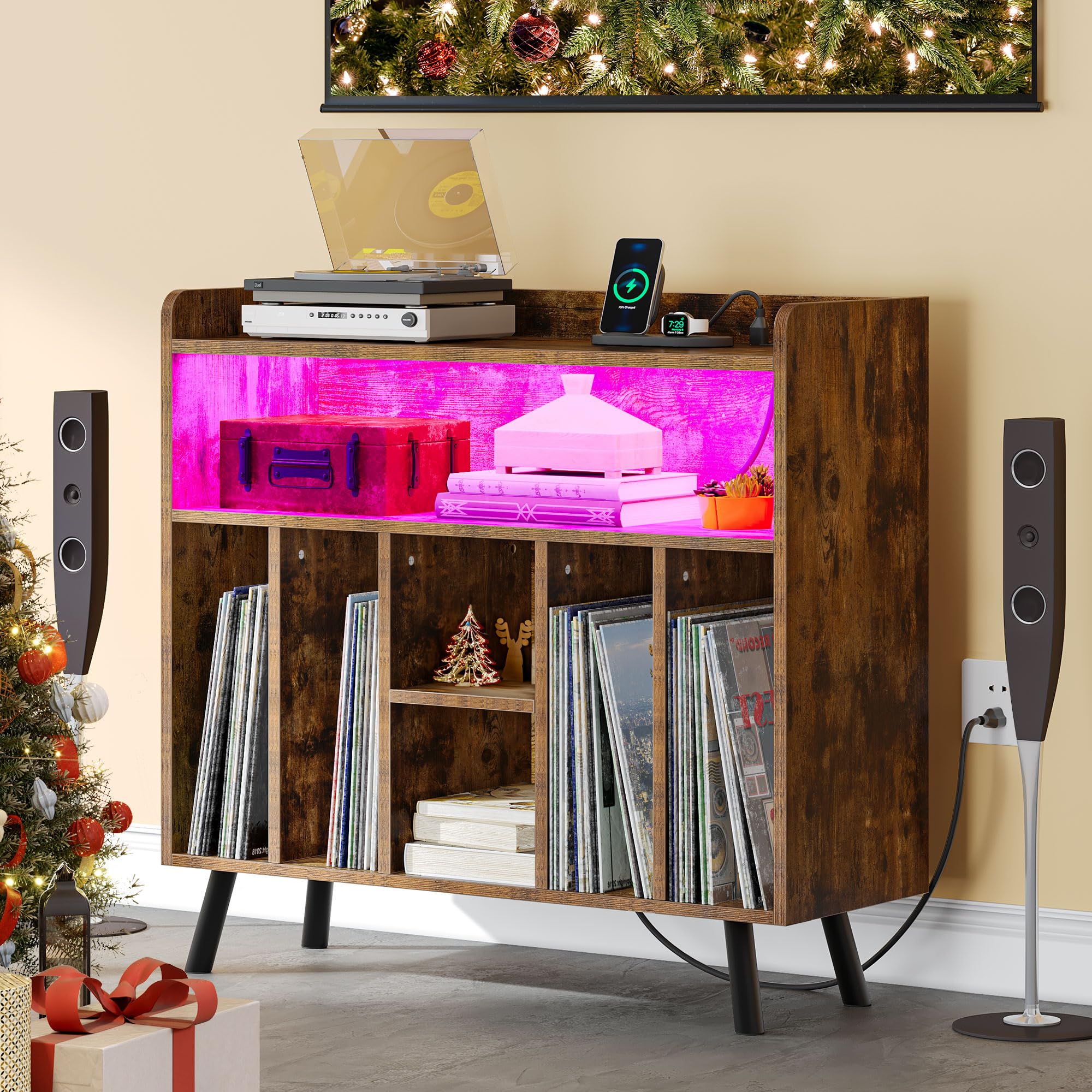 YITAHOME Vinyl Record Player Stand with Power Outlets & LED Lights - Holds 130+ Albums, Storage Cabinet with Solid Wood Legs - Perfect for Living Room, Bedroom, Home Theater & Music Studio (Brown)