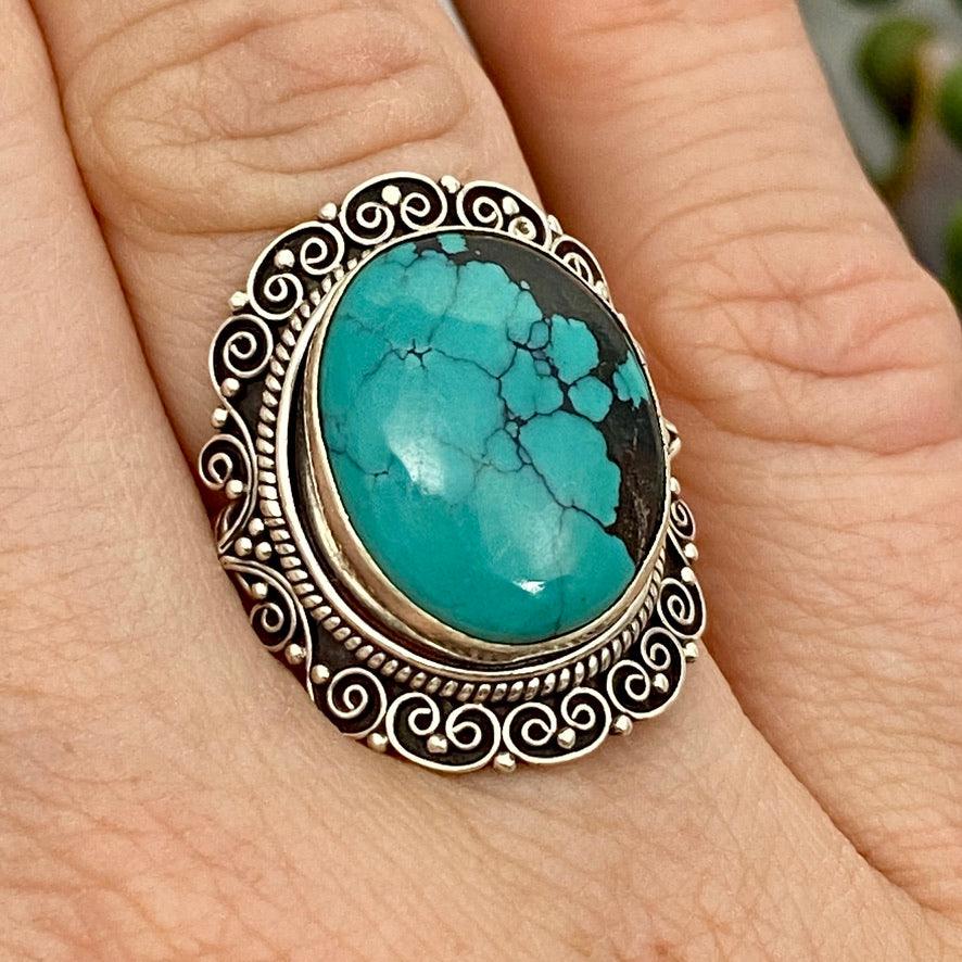 Boho Style Turquoise Oval Ring Size 7 - Handmade Sterling Silver Jewelry for Women, Perfect for Festivals, Weddings & Everyday Wear KRGJ2778
