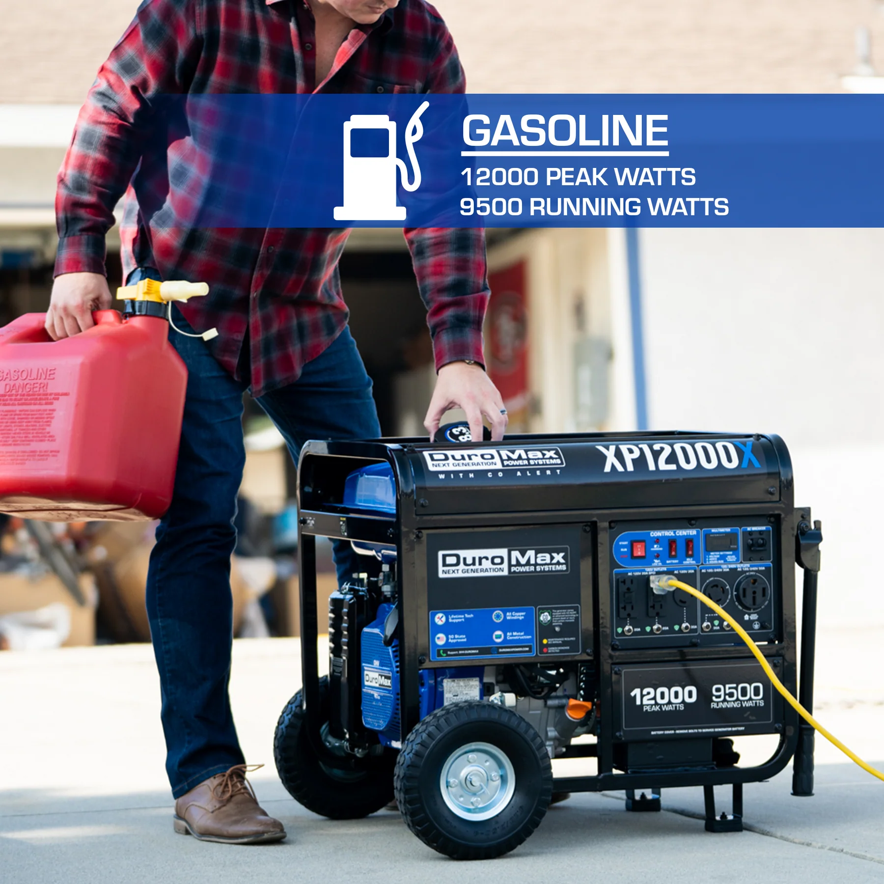 DuroMax XP12000X 9500W/12000W Dual Fuel Portable Generator with Electric Start & CO Alert - Power Outages, Camping, RV, Job Sites, Emergency Backup