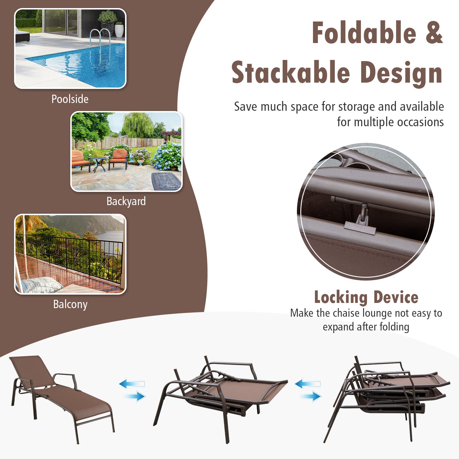 Tangkula 2-Piece Adjustable Folding Stackable Patio Lounge Chairs Set - Heavy Duty Steel Frame, 5-Position Reclining Backrest - Perfect for Poolside, Backyard, Beach & Outdoor Relaxation (Brown)