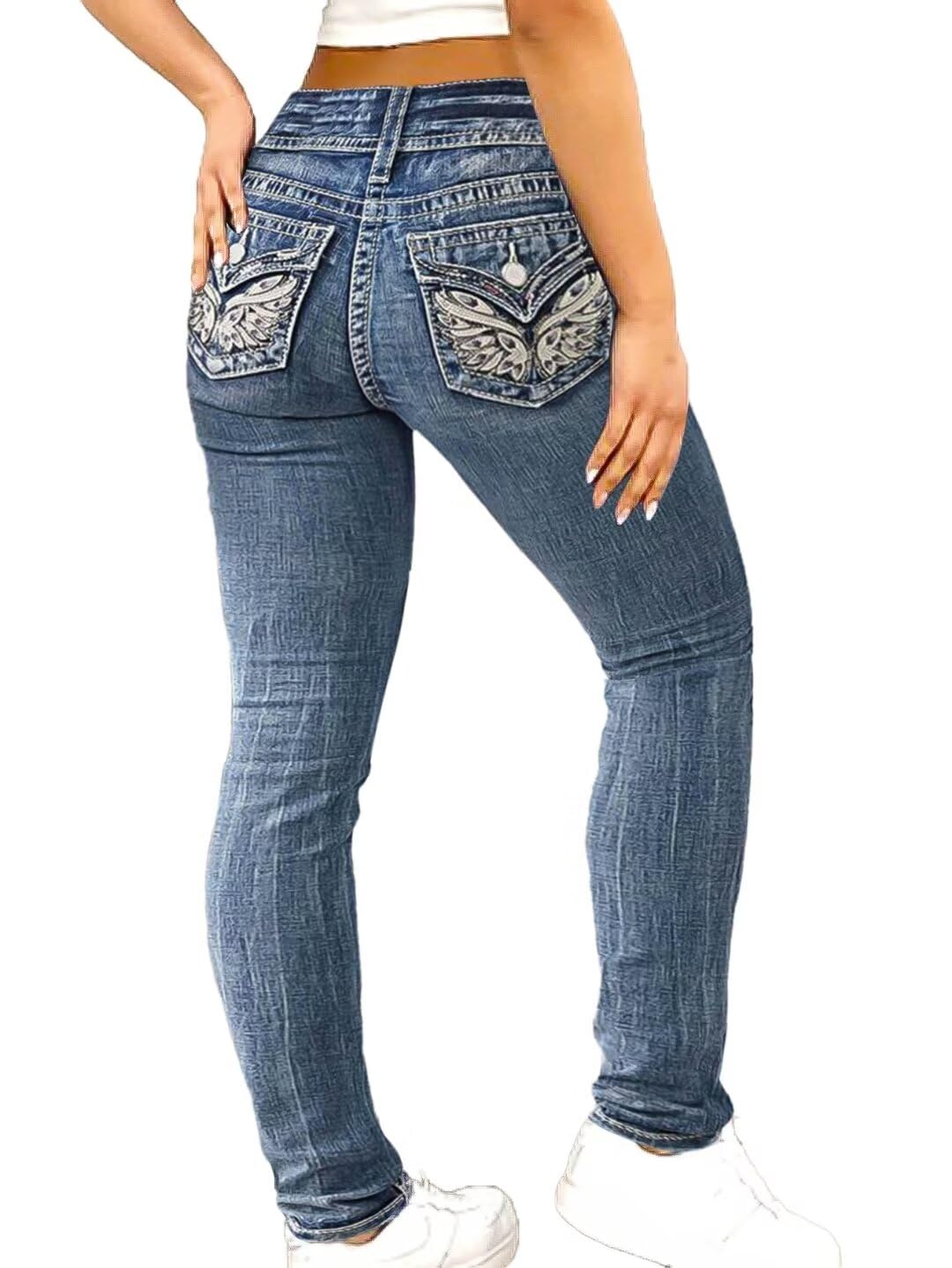 Flamingals Women's Boot Cut Jeans - Butt Lifting Stretch Denim with Embroidered Details, Skinny Leg & Mid Rise Design - Perfect for Casual Outfits, Date Nights & Everyday Wear
