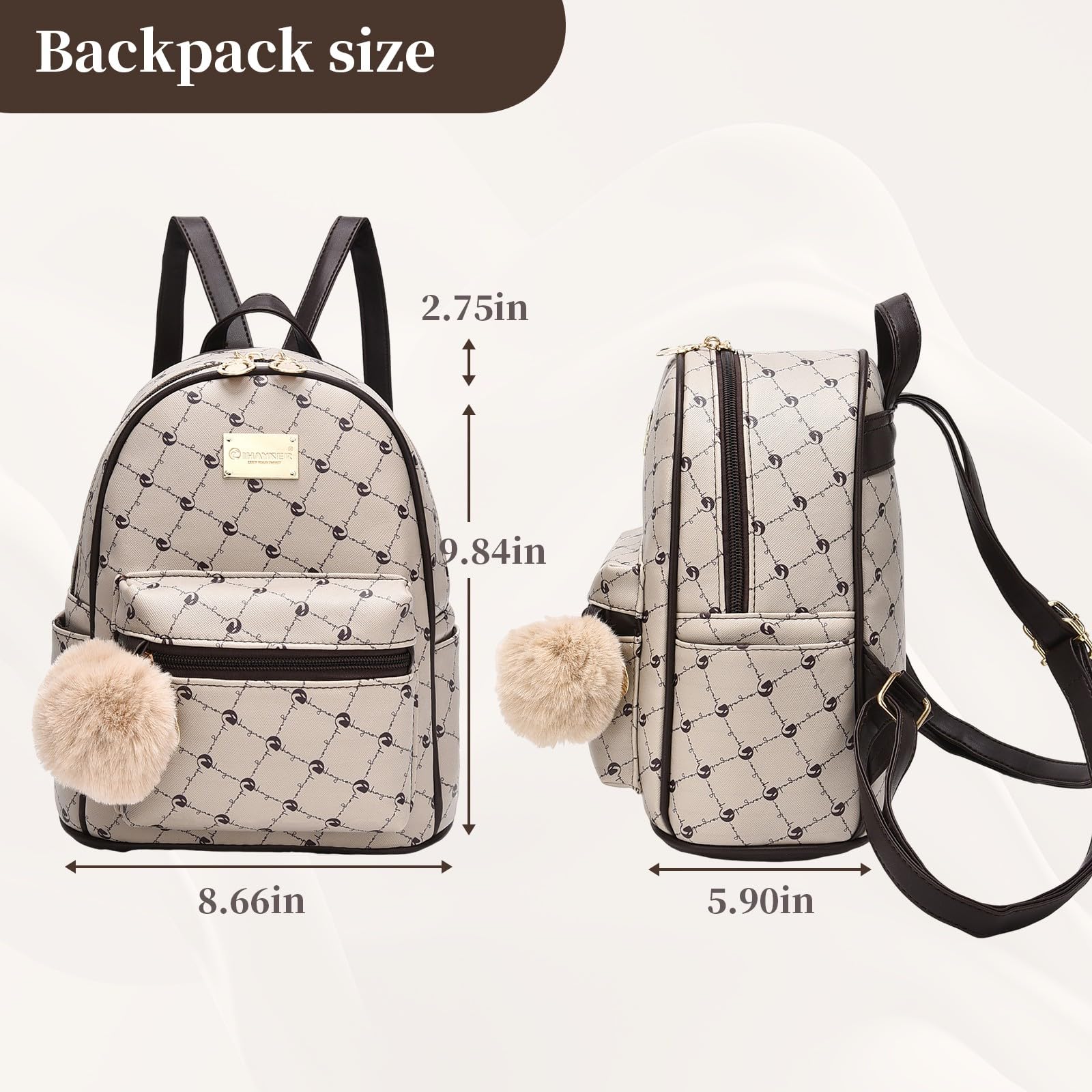IHAYNER Girls Fashion Backpack - Genuine Leather Mini Backpack Purse for Women & Teens, Cute Satchel School Bag with Pompom, Perfect for Travel, Daypack & Daily Use