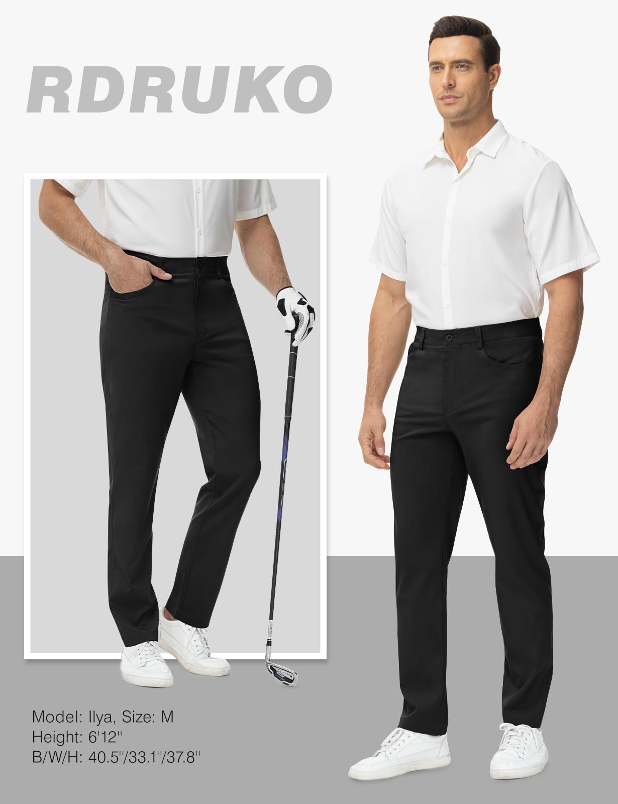 Rdruko Men's Golf Pants - Stretch Comfort Lightweight Quick-Dry Dress Slacks for Business Casual & Work | Perfect for Office, Golfing & Travel