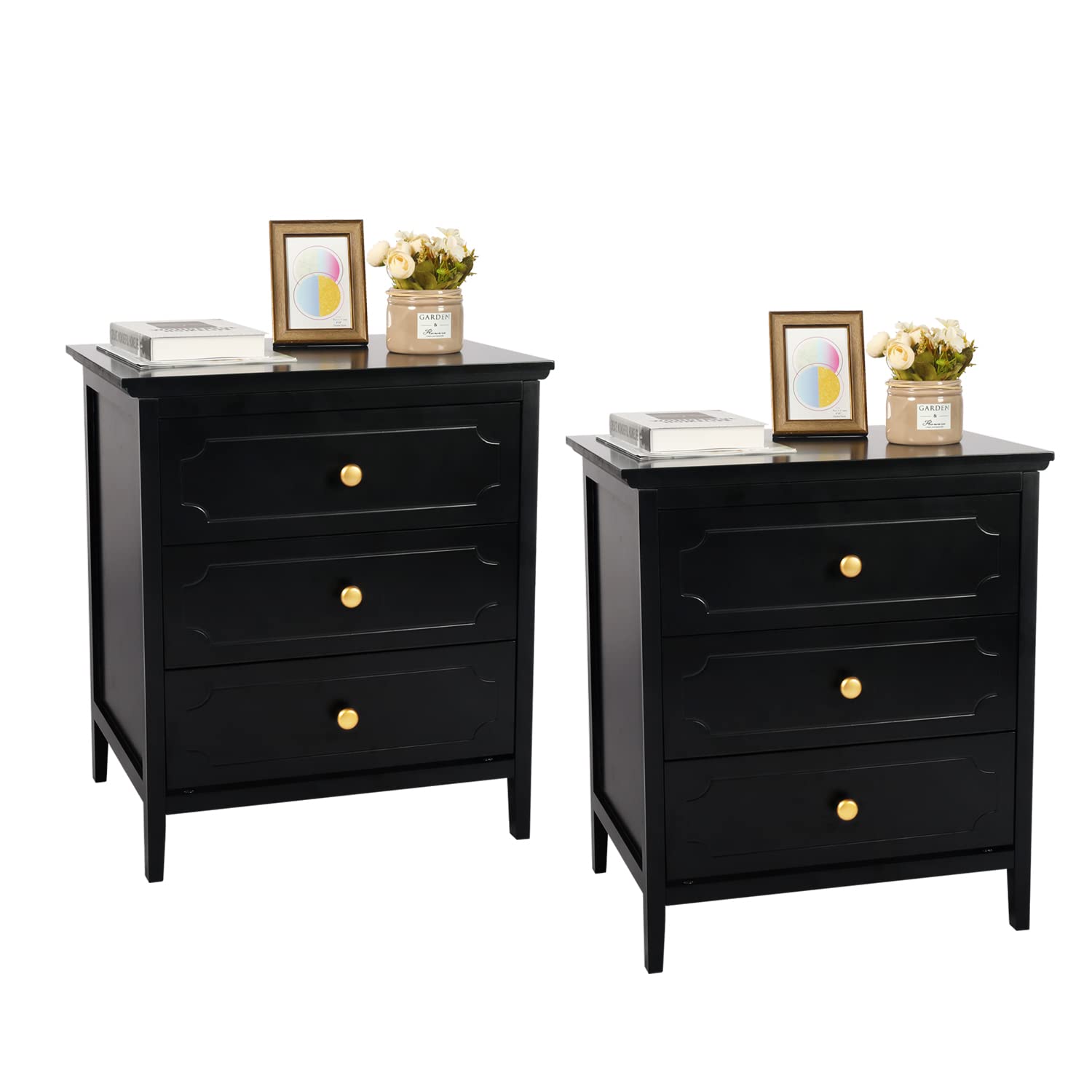 YIGOBUY 19 Inch Black Nightstand with 3 Drawers - Wooden Bedside Table with Storage for Bedroom, Living Room - Modern End Table with Black Finish (Set of 2) - Perfect for Small Spaces, Apartment Furniture & Guest Room Decor