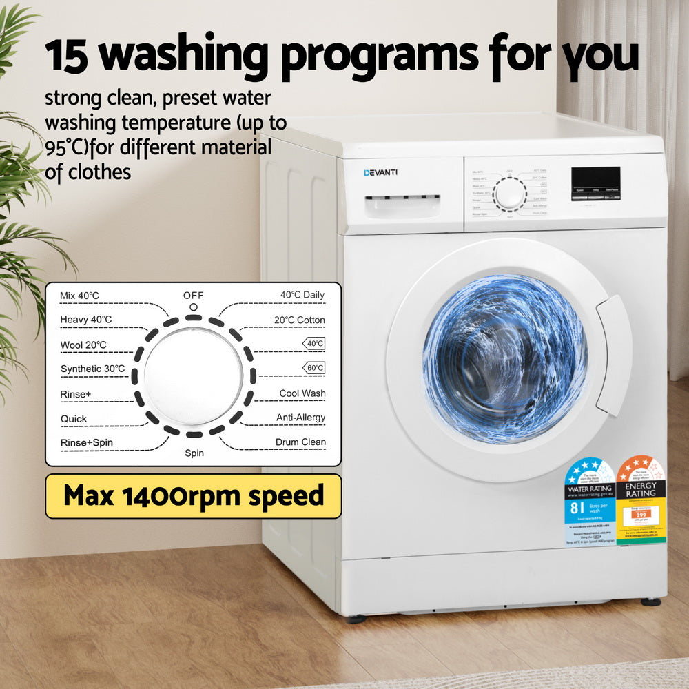 Devanti 8kg Front Load Washing Machine - Energy Efficient, Quiet White Laundry Washer for Apartments & Small Homes | Perfect for Compact Spaces & Eco-Friendly Living