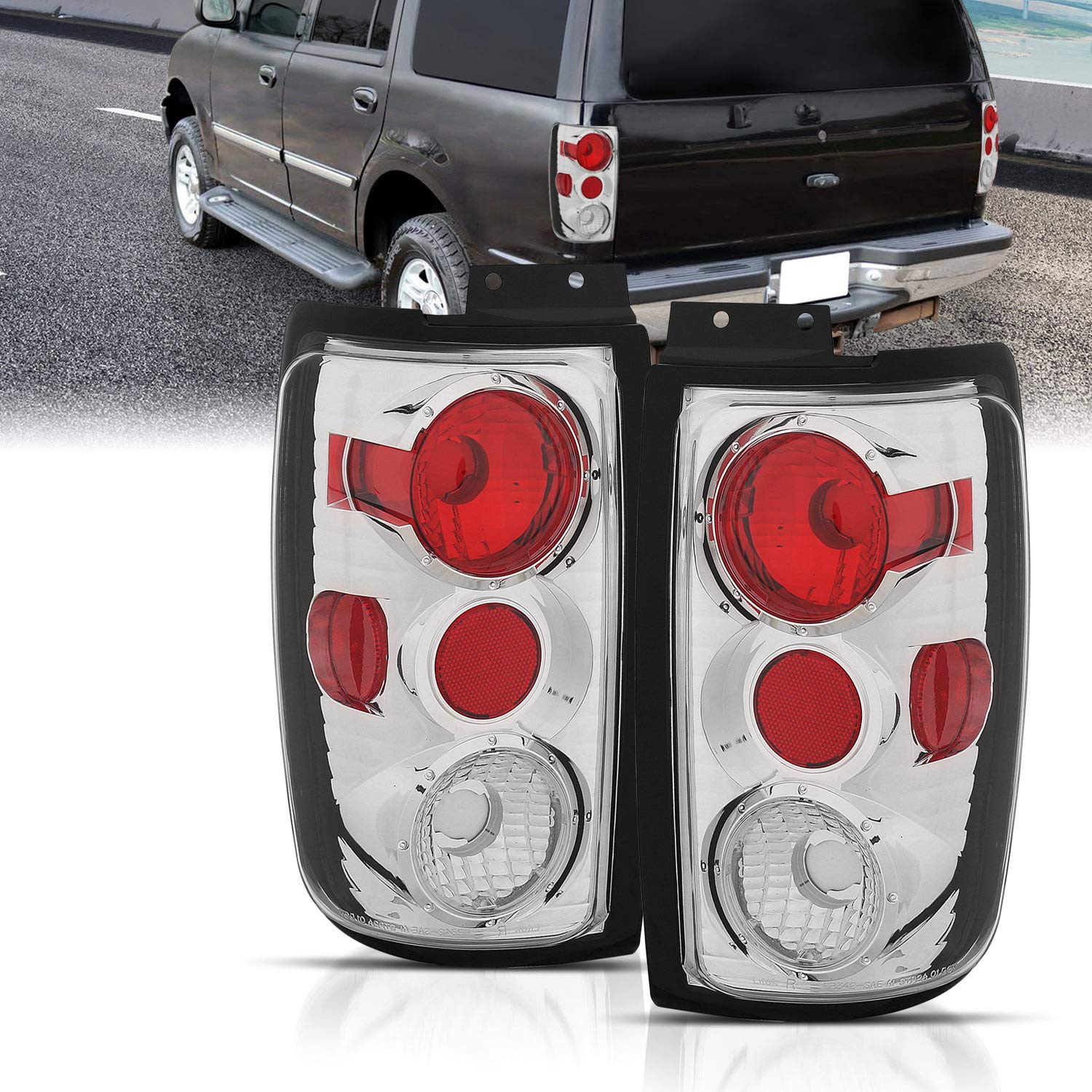 AmeriLite Chrome Replacement Brake Tail Lights Set for 1997-2002 Ford Expedition - Left & Right Side - Perfect for Night Driving & Enhanced Safety