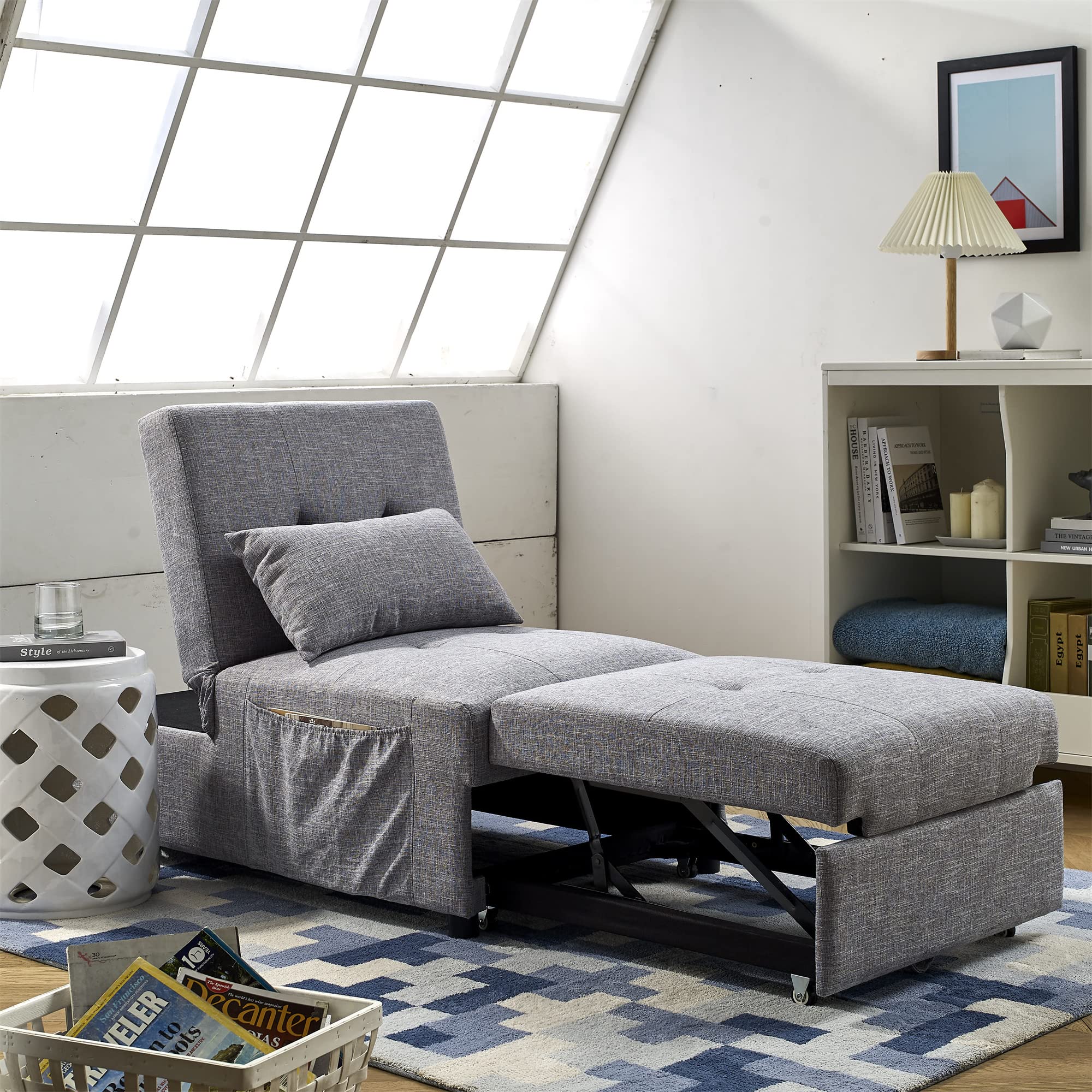 4-in-1 Sleeper Sofa Bed - Convertible Ottoman, Folding Chair, Chaise Lounge & Sofa Bed with Pillow for Small Space Living Room (Grey) | Perfect for Studio Apartments, Guest Rooms & Home Offices