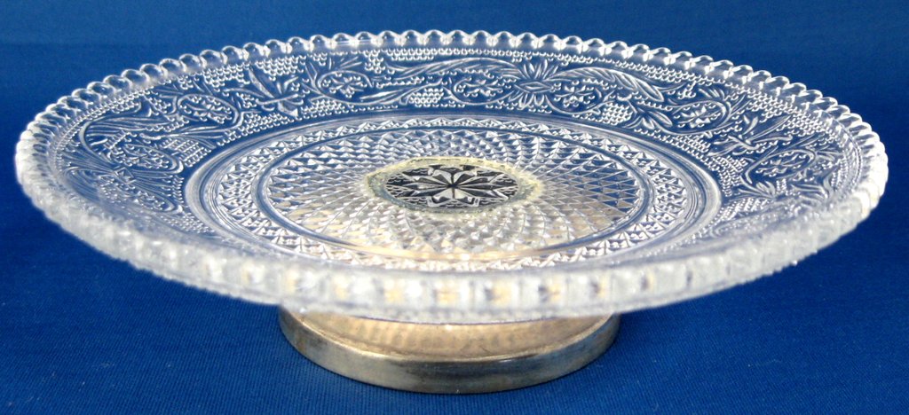 Vintage 1950s Pressed Glass Sandwich Pattern Comport Plate with Silver Base Pedestal - Elegant Serving Dish for Desserts, Appetizers & Party Entertaining