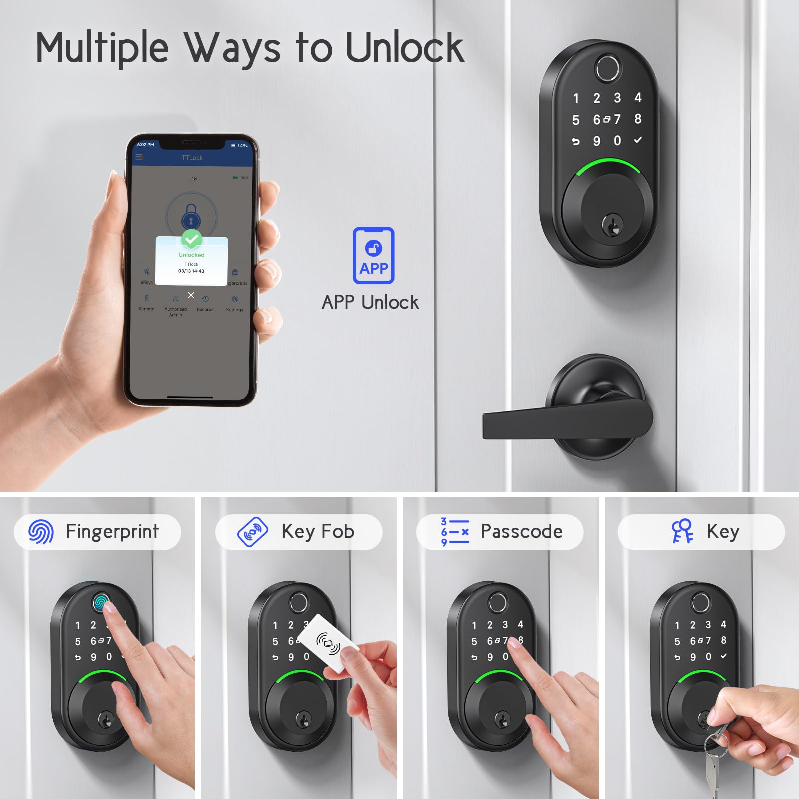Smart Front Door Lock with Fingerprint & Keypad Entry - Keyless Touchscreen Deadbolt - Auto-Locking Handle Set for Home Security - Perfect for Apartments, Houses & Vacation Rentals