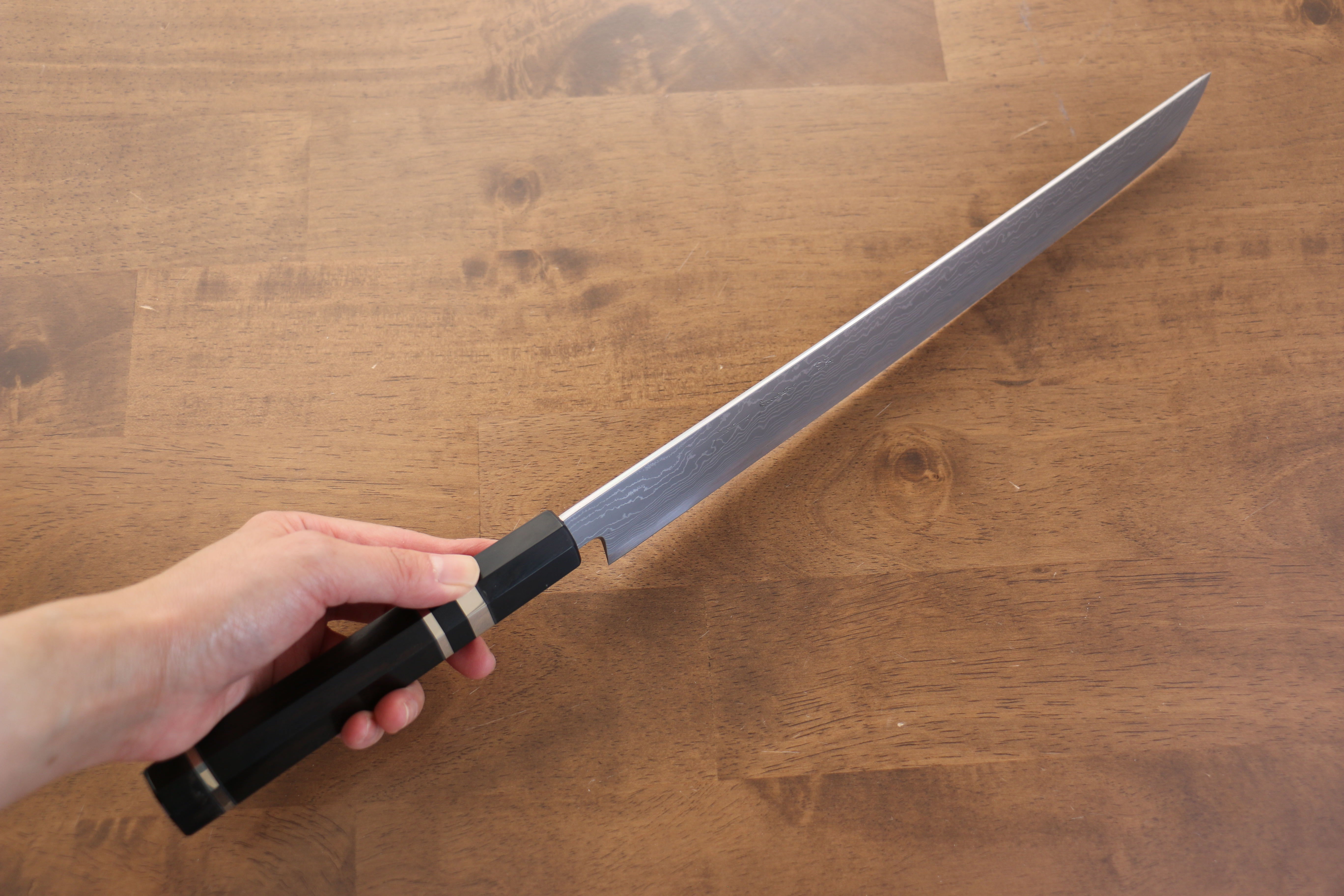 Premium Jikko Blue Steel Damascus Sakimaru Sujihiki Knife 300mm - Handcrafted Japanese Chef Knife with Ebony Wood Handle & Double Ring Design - Perfect for Slicing Sashimi, Meat, and Precision Cutting in Professional Kitchens