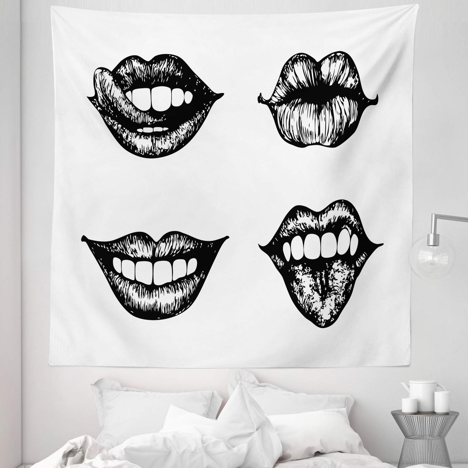 Ambesonne Queen Size Kiss Tapestry - Monochromatic Lips Design Wall Hanging, 88x88 Inch Bedspread & Wall Decor in Charcoal Grey & White - Perfect for Bedroom, Dorm Room, and Living Room Aesthetic
