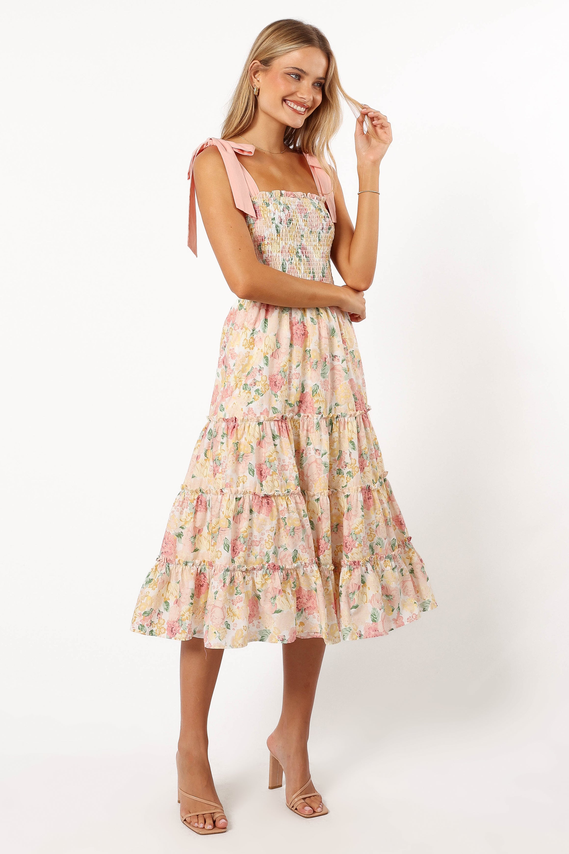Bella Floral Ruffle Midi Dress for Women - Pink & Yellow Floral Print Summer Dress for Casual Wear, Beach Vacation, and Party Outfits