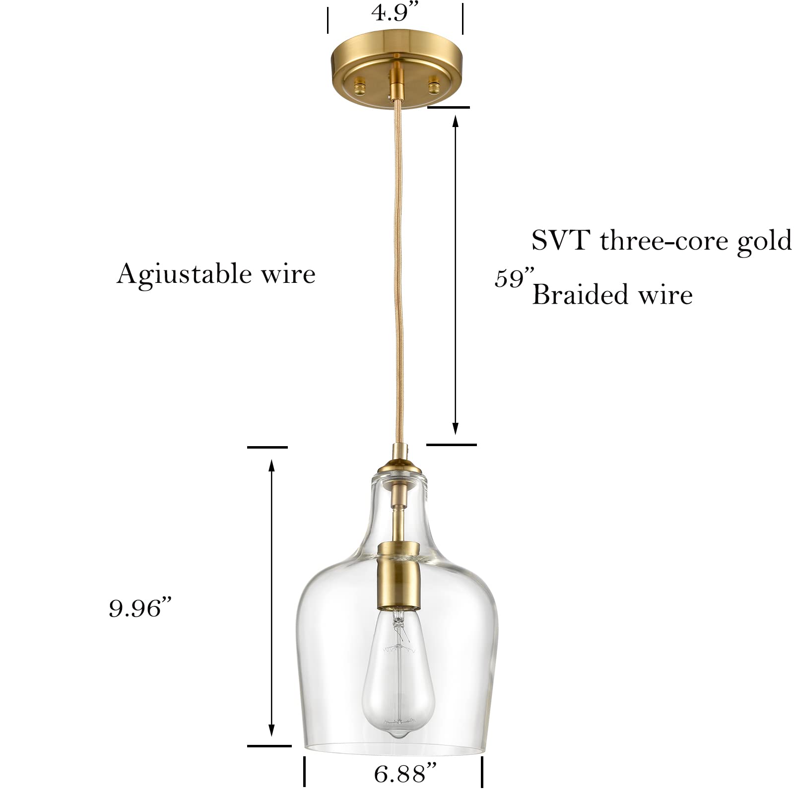 HYDELITE Modern Brushed Gold Pendant Light Fixture - Clear Glass Adjustable Cord Hanging Chandelier with Bell Shape for Kitchen Island, Dining Room & Living Room Lighting Decor