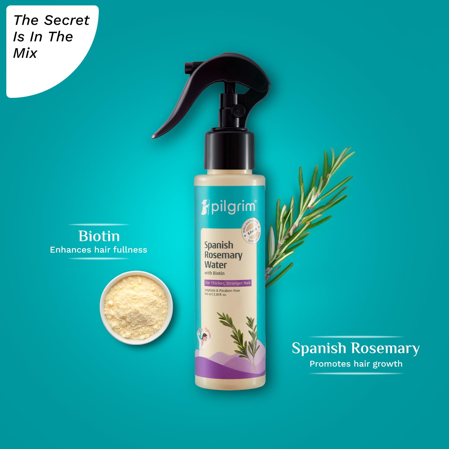 Pilgrim Spanish Rosemary Water Spray with Biotin for Hair Growth - 100ml Natural Hair Spray for Regrowth, Thicker & Stronger Hair - Sulfate & Paraben Free | Perfect for Daily Hair Care, Scalp Hydration & Styling
