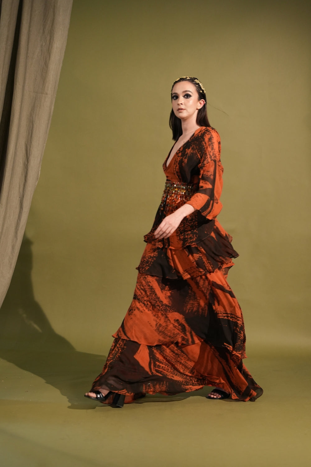 Orange & Black Printed Saree Blouse with Belt Set - Elegant Indian Ethnic Wear for Weddings & Festivals