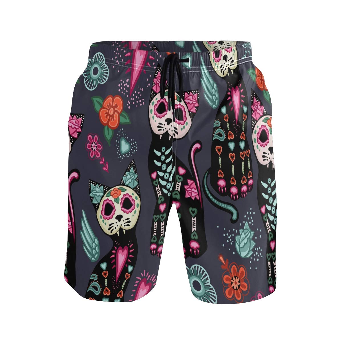 ALAZA Colorful Cat Skull Swim Trunks for Men & Boys - Quick Dry Beach Shorts with Mesh Lining, Bathing Suits for Swimming, Surfing & Summer Vacation