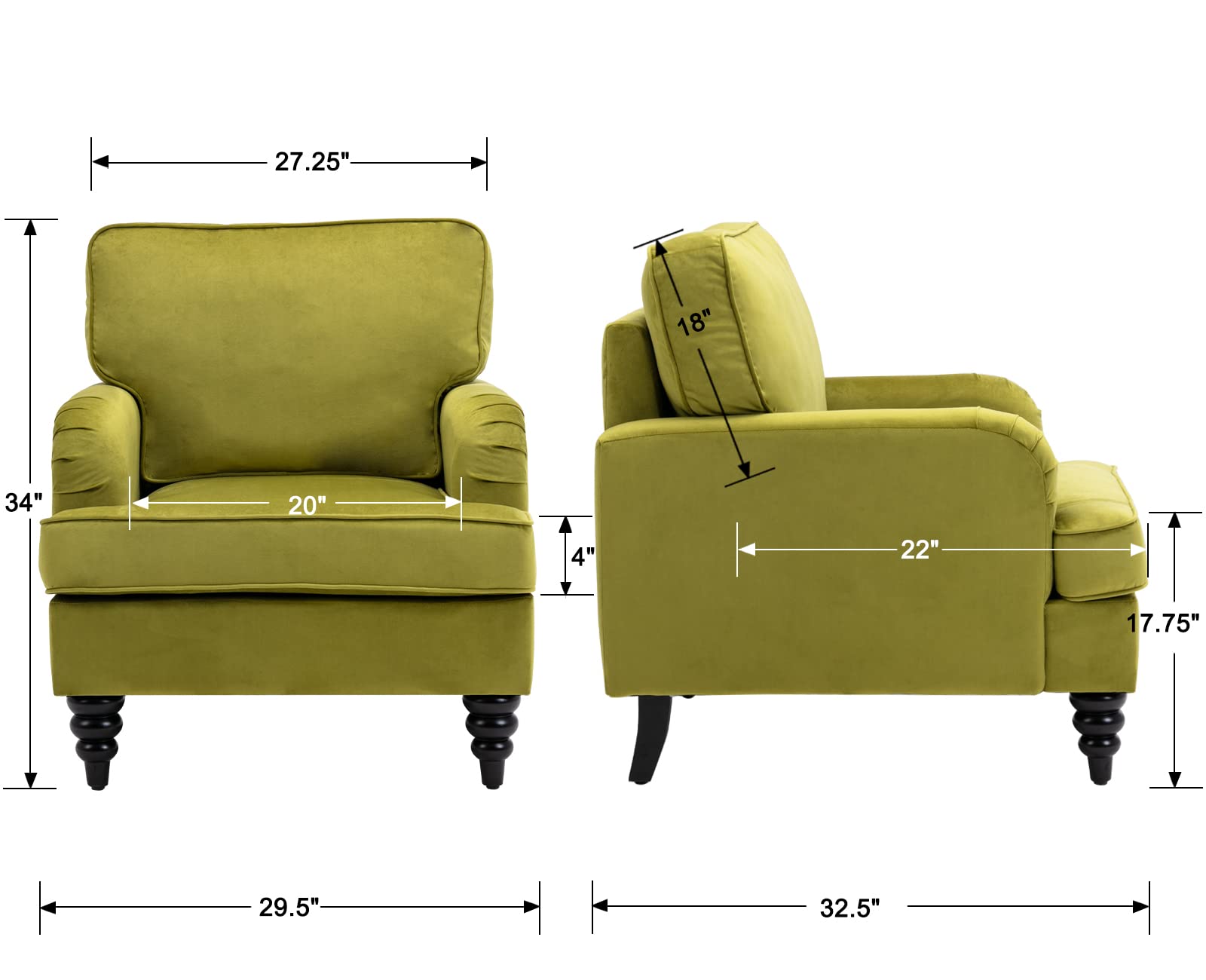 Midcentury Modern Velvet Accent Chair - Comfy Armchair for Reading & Relaxing, Single Sofa Couch in Olive Green - Perfect for Bedroom, Living Room & Salon Decor