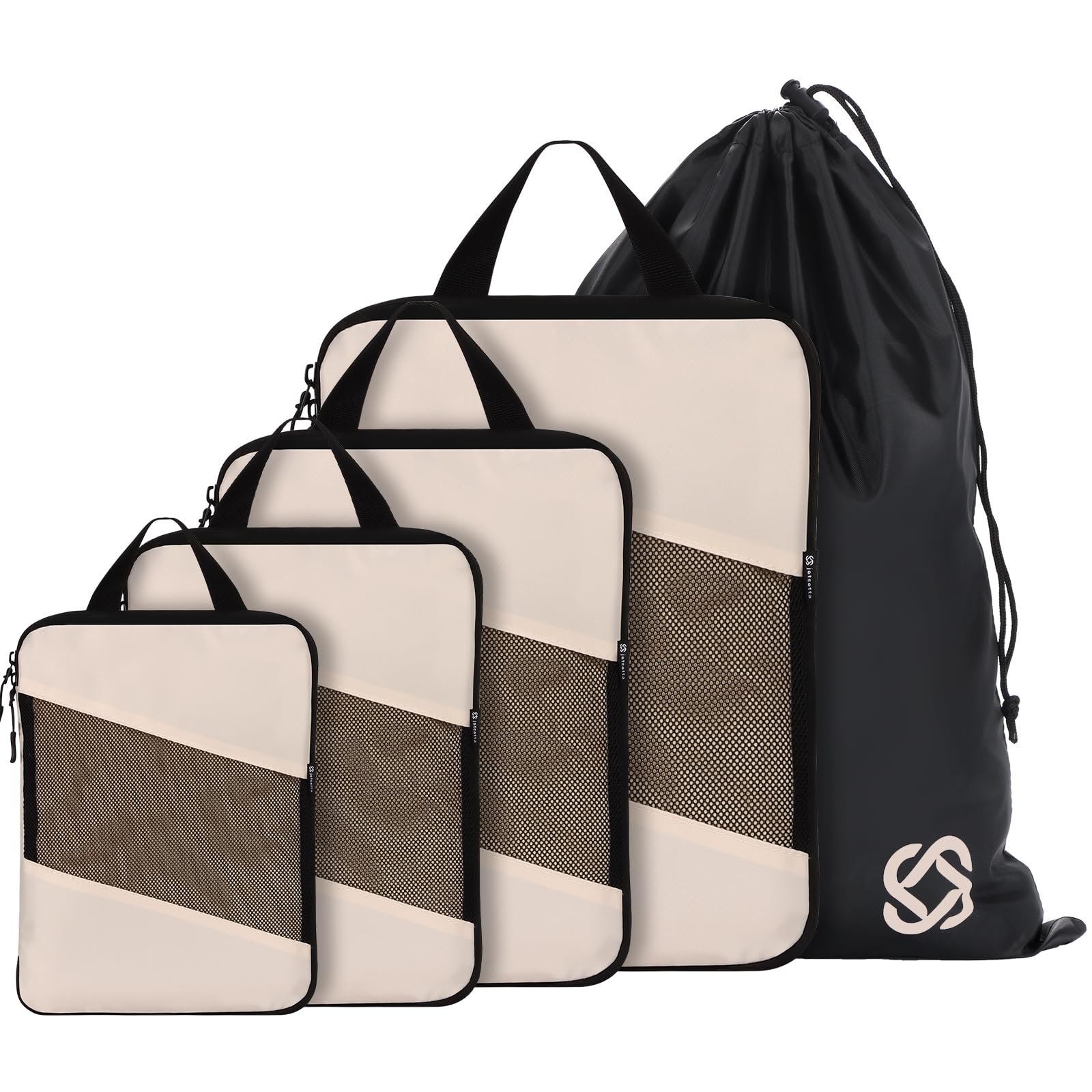 Jetsetta Extra Large Compression Packing Cubes with Mesh & Laundry Bag - Expandable Suitcase Organizers for Travel Accessories (5-Piece Set, Cream) | Perfect for Business Trips, Vacations & Backpacking
