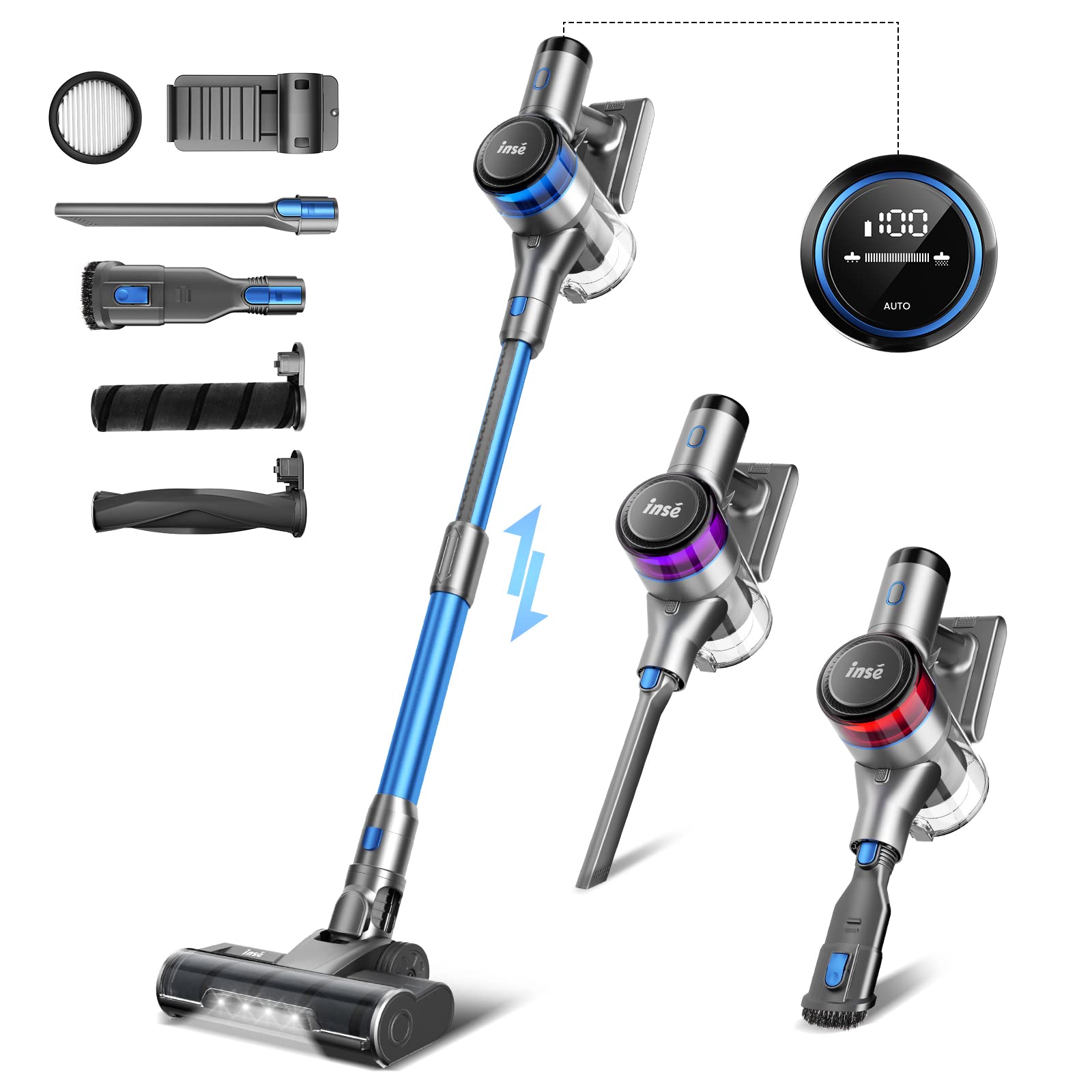 INSE Cordless Vacuum Cleaner - 400W Powerful Stick Vacuum with 30Kpa Suction, 55min Runtime, Smart Auto-Adjustment, Rechargeable for Home, Carpet, Floor & Pet Hair - LED Display S9 | Perfect for Quick Cleanups, Pet Owners & Multi-Surface Cleaning