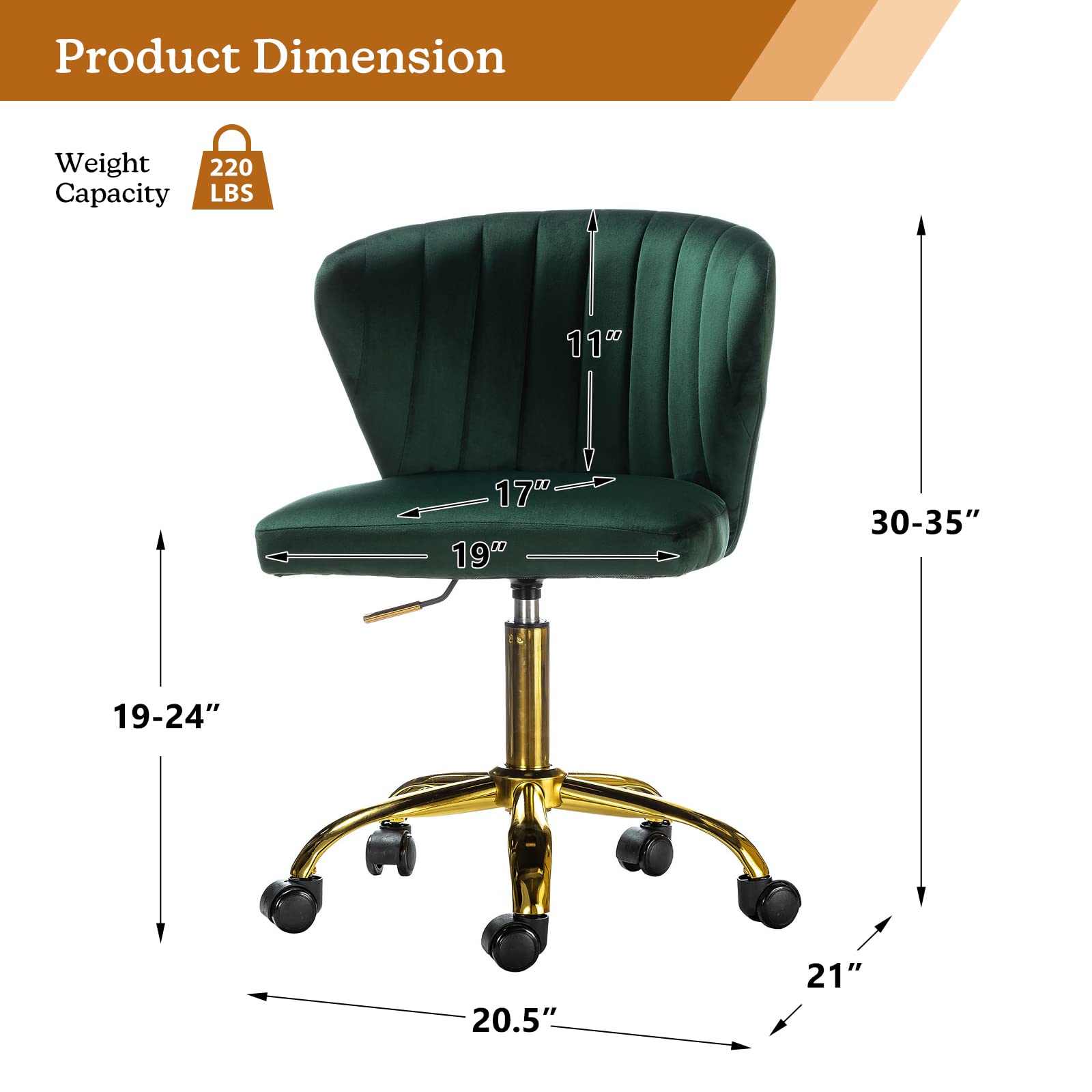 TINA'S HOME Modern Velvet Armless Office Chair with Wheels & Gold Base - Adjustable Low Back Swivel Rolling Task Chair for Home Office, Living Room, Vanity or Study - Green Velvet Upholstered Desk Chair for Work & Relaxation