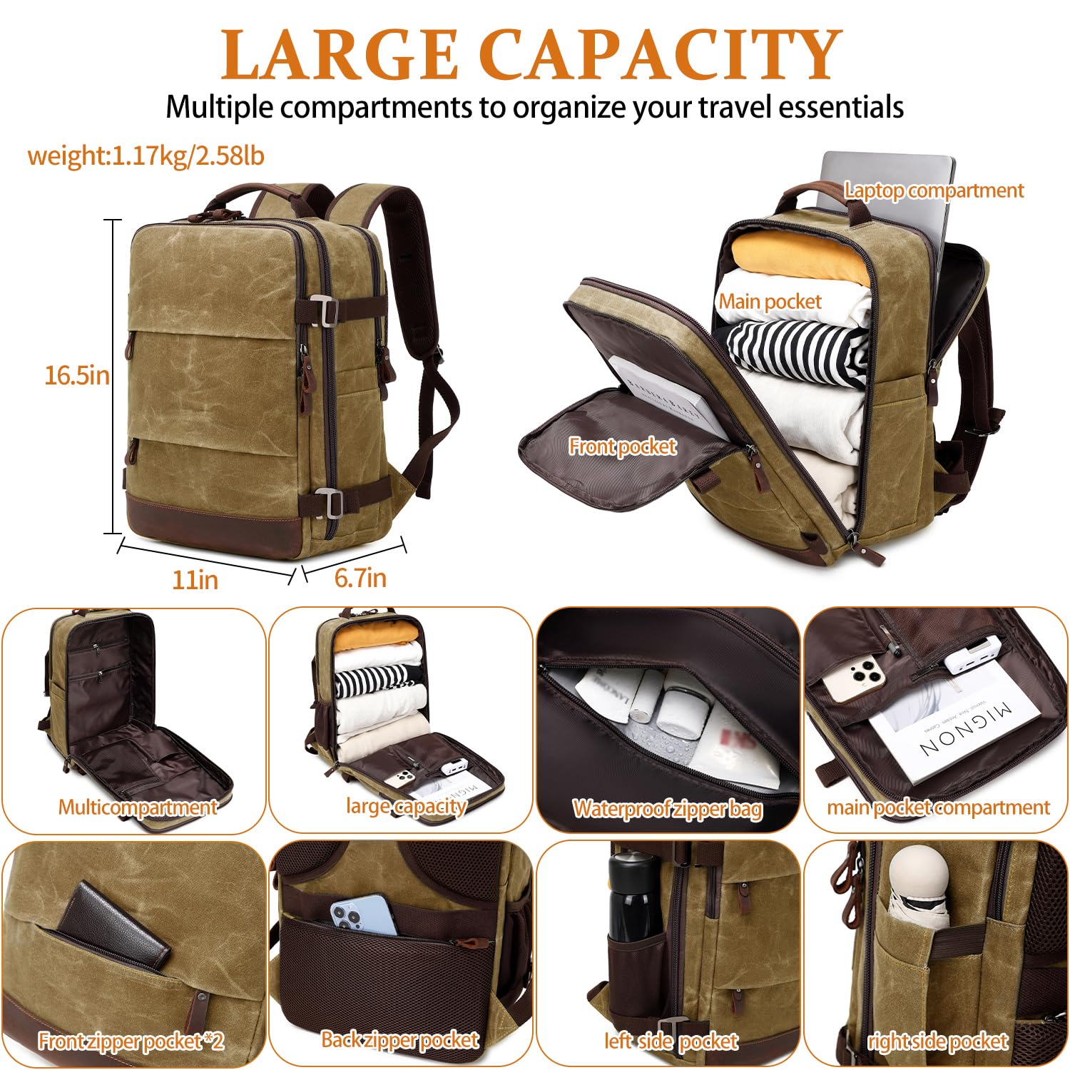 Men's Travel Backpack - 17 Inch Flight Approved Carry On Laptop Backpack for Business, Hiking & Weekender Trips | Durable Casual Daypack (Brown) - Perfect for Air Travel, Commuting & Outdoor Adventures