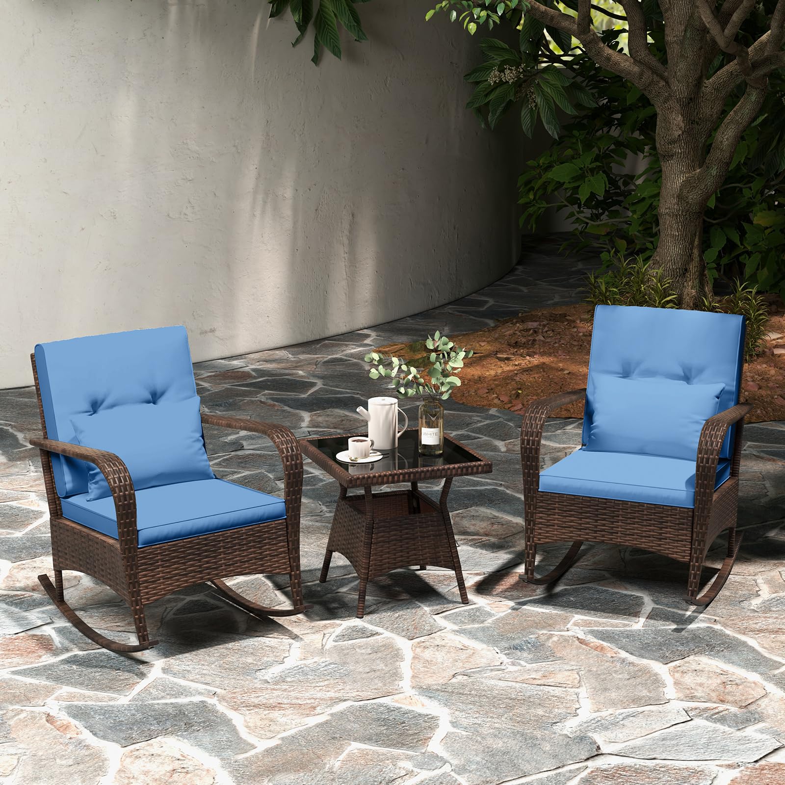 Tangkula 3-Piece Outdoor Rocking Bistro Set - PE Rattan Rocking Chairs with Removable Cushions & Tempered Glass Coffee Table - Navy Wicker Patio Furniture for Porch, Garden, Backyard & Poolside Relaxation