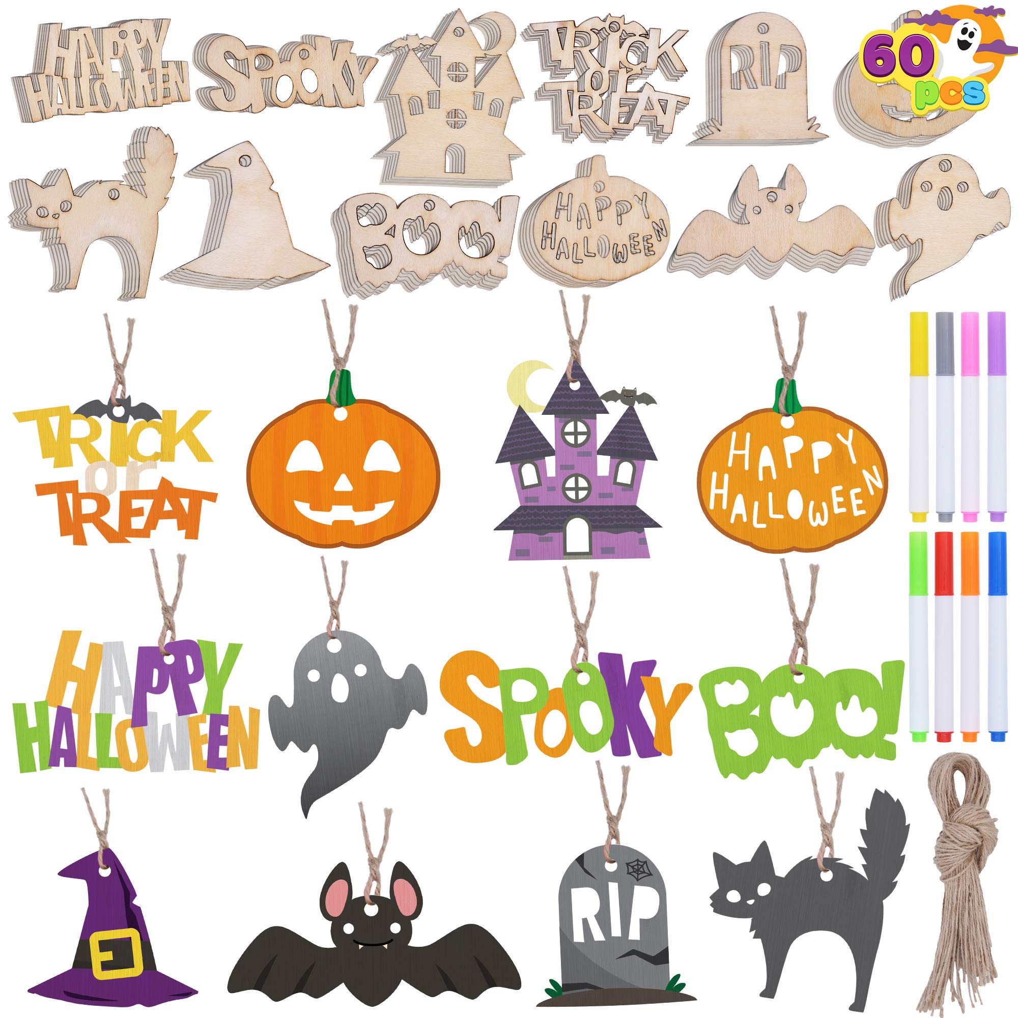 JOYIN 60 Pcs Halloween Wooden Painting Kit - DIY Craft Supplies for Kids, Party Favors, Wooden Cutouts & Ornaments - Perfect for School Art Projects, Halloween Decorations & DIY Gift Tags
