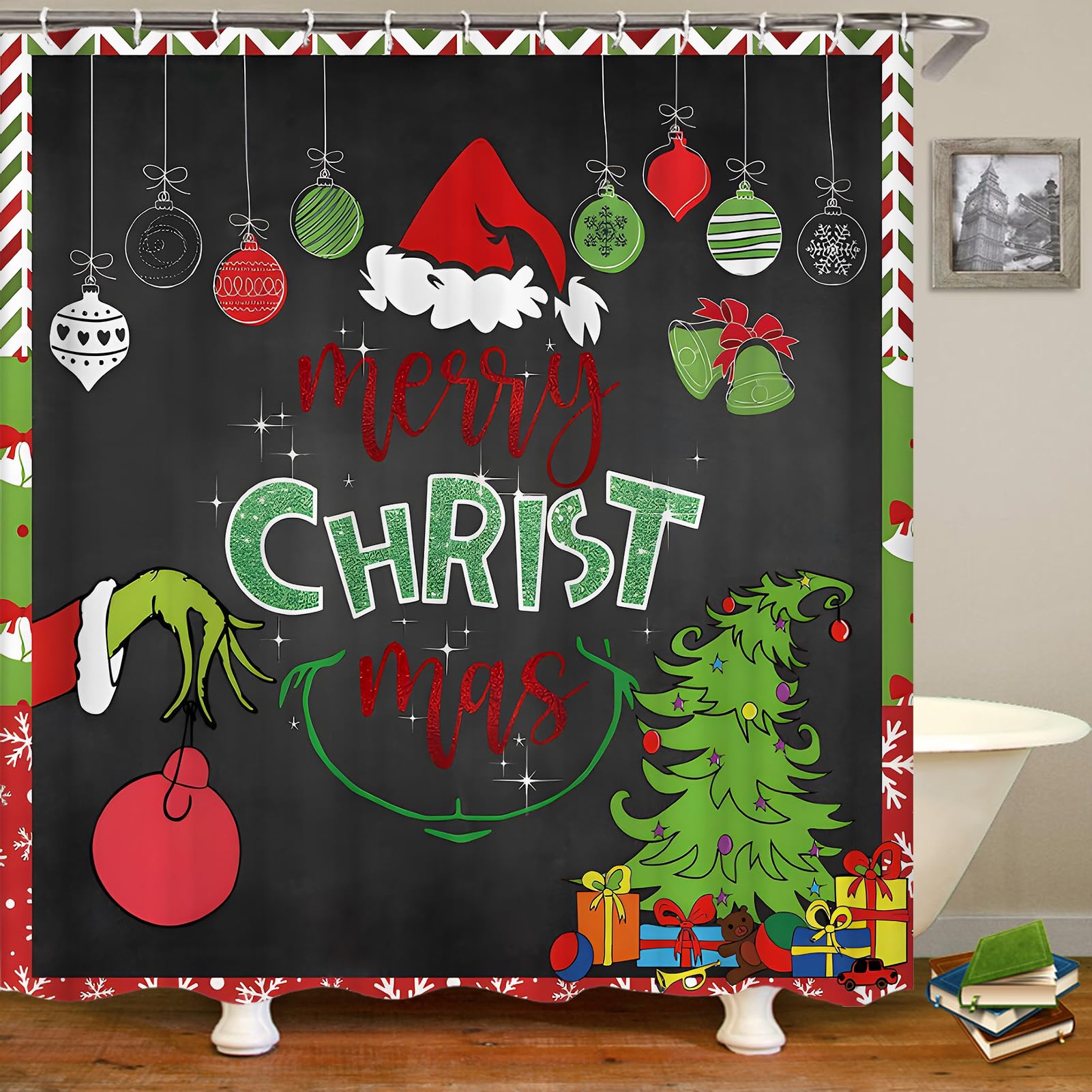 Festive Christmas Shower Curtain - Holiday Bathroom Decor with Merry Xmas Print (A6) - Perfect for Holiday Home Decor, Christmas Parties & Seasonal Bathroom Makeover