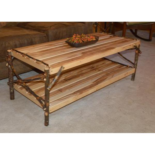 Solid Hickory Wood Coffee Table with Storage Shelf - Rustic Farmhouse Living Room Furniture for Home Decor & Entertainment Areas