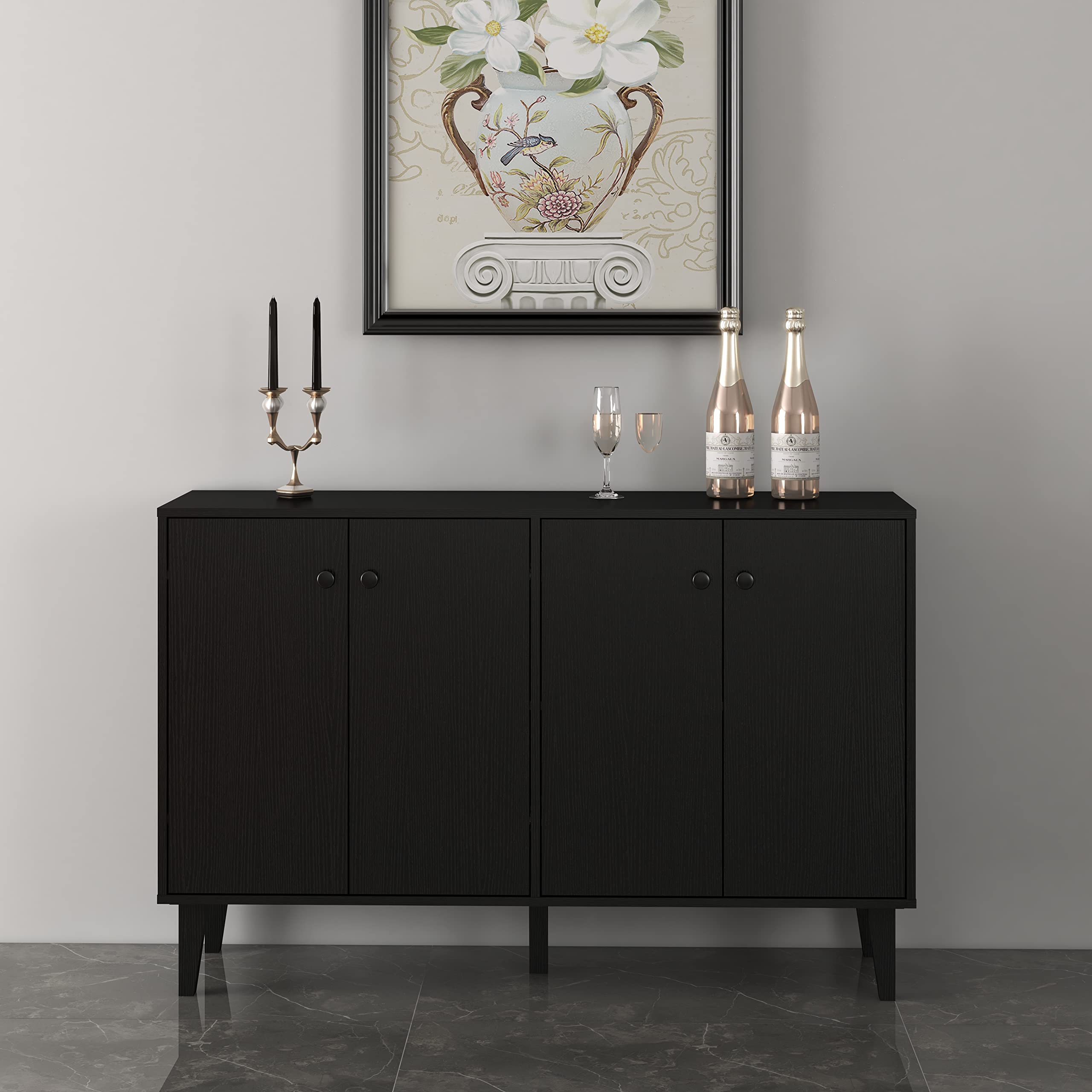 Panana Sideboard Buffet Cabinet - 4 Door Kitchen Storage & Living Room Console Table in Black | Perfect for Dining Room Organization & Entryway Decor